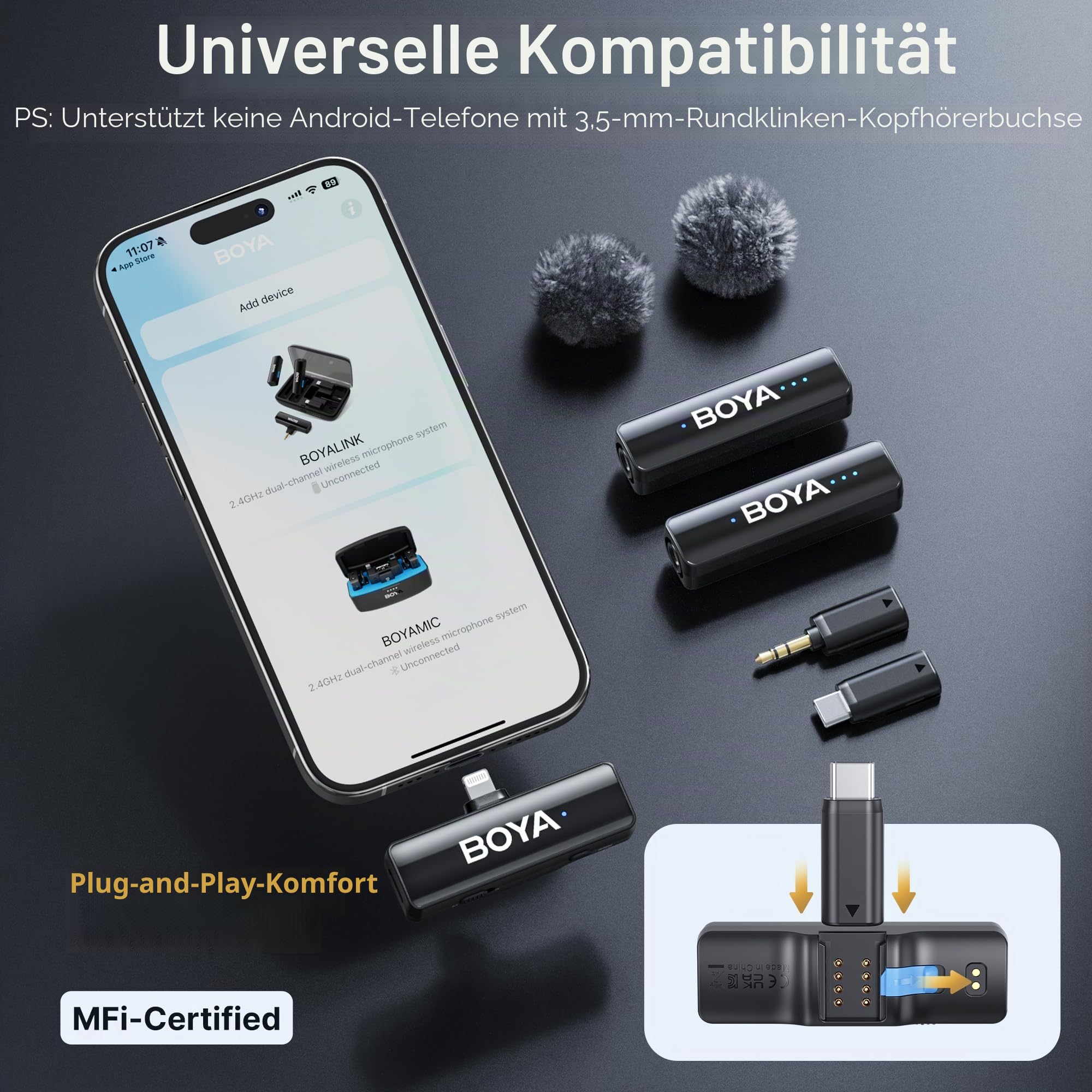 BOYA BOYALINK 2 A2 Drahtloses Lavalier-Mikrofon für iPhone, Kamera, Android, Kabellos Mini Mikrofon, 48 kHz 24 Bit, 1000ft, Rauschunterdrückung, Clip on Mic USB-C/Lightning/3.5mm TRS