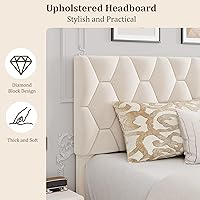 Vista 5 de GAOMON Base de cama matrimonial color beige con cabecera tapizada, base de cama de plataforma resistente con listones de madera fuertes, no necesita