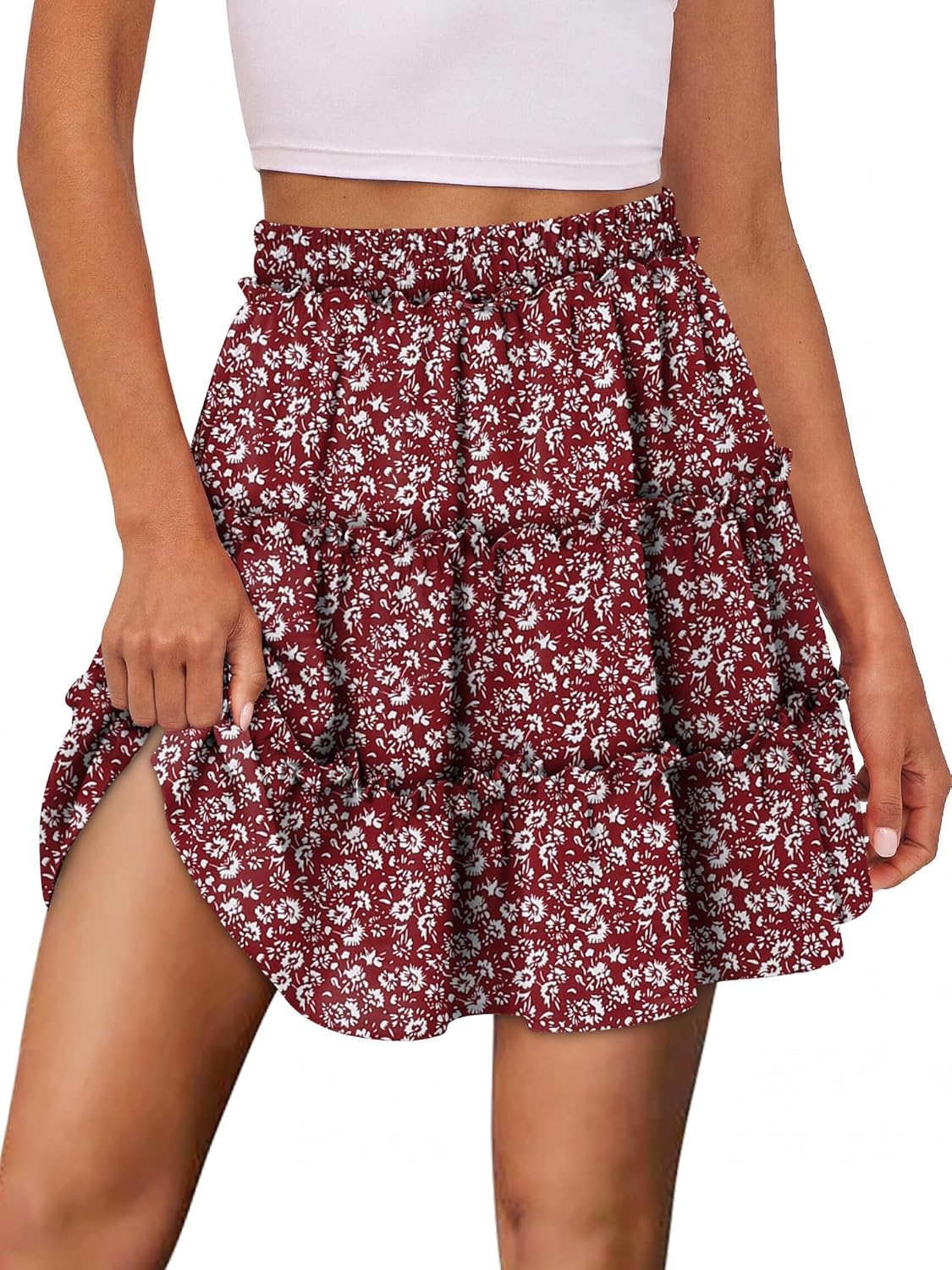 onlypuff Women's Boho Mini Skorts Flowy Butterfly Short Elastic High Waist Ruffle Tiered Skirts Summer Lounge Shorts