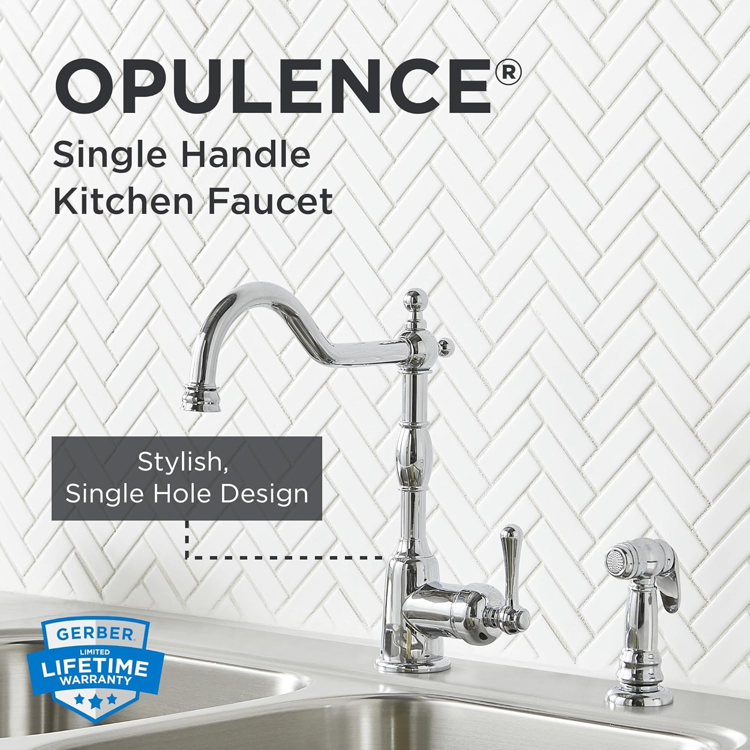 Gerber Opulence Kitchen Faucet with Side Spray - Farmhouse Style, Single Handle, Heavy-Duty Brass Construction, 2-Hole Installation in Chrome, D401157