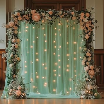 Green Tulle Backdrop Curtains with Lights 10x8ft Sheer Curtain Backdrop