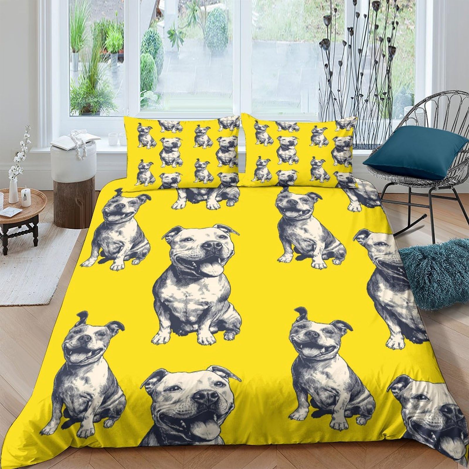 TUFRTGYHN 3D Printed Yellow Bulldog Duvet Cover Microfiber Soft Breathable Dog Pattern Bedding Set with 2 Pillowcases for Bedroom Home Single（135x200cm）