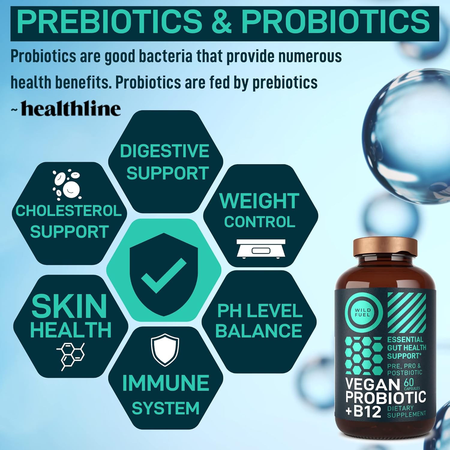 Vegan Probiotic Plus B12 & FOS - 22 Billion CFU Synbiotics Prebiotics and Probiotics for Digestive Health, IBS, Mood Support - B12 Pre Pro Post Biotics for Women & Men - 60 Gluten-Free Capsules