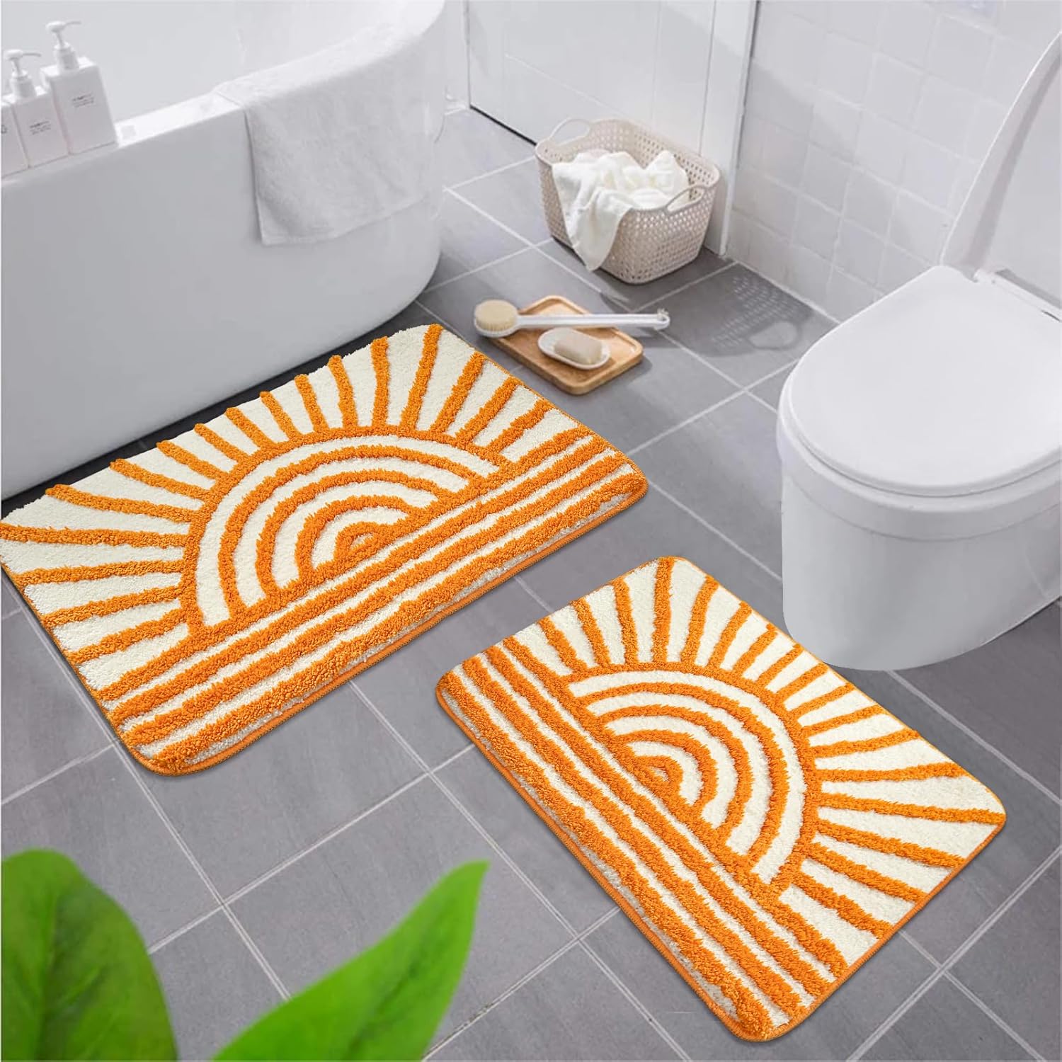 Uphome Orange Bathroom Rugs Set, Cute Sunrise Bathroom Mats