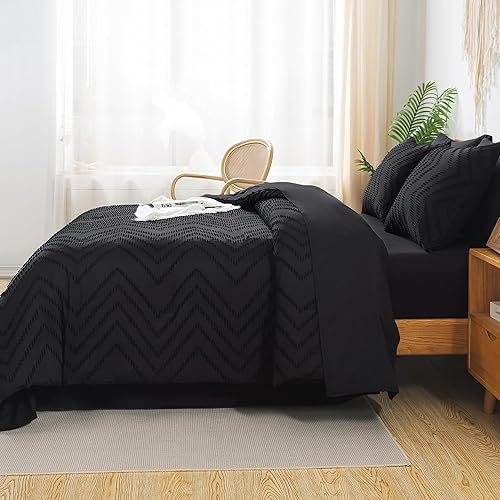 Miniatura 7 de Litanika Juego de edredón negro tamaño Queen con sábanas, 7 piezas de cama en una bolsa, juego completo de ropa de cama con edredón, sábanas, fundas