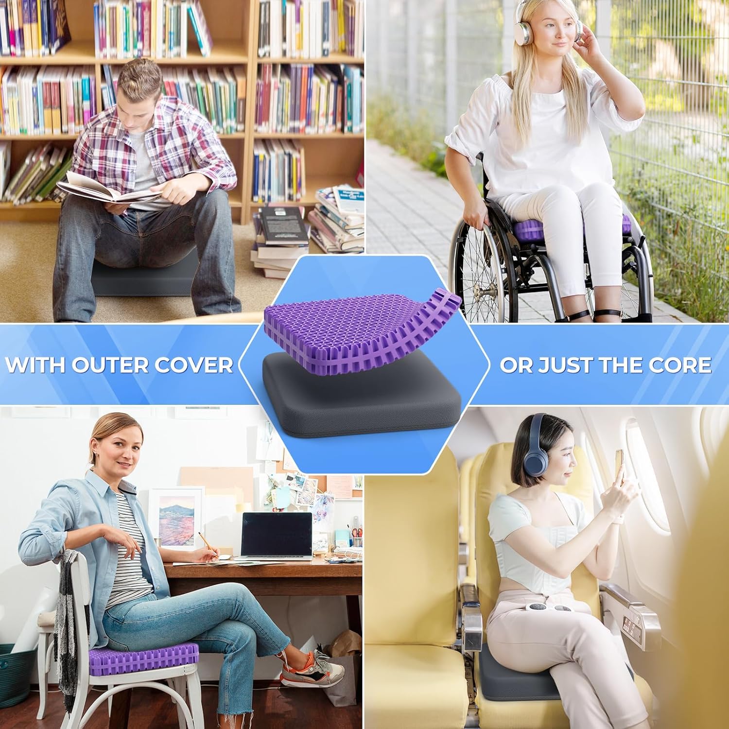 TushGuard Gel Seat Cushion for Long Sitting, Enlarged & Thickened Patent Design Office Chair Seat Cushion, Breathable Cooling Pads for Chairs, Soft Car Cushions for Wheelchair(2" Thick, Grey)