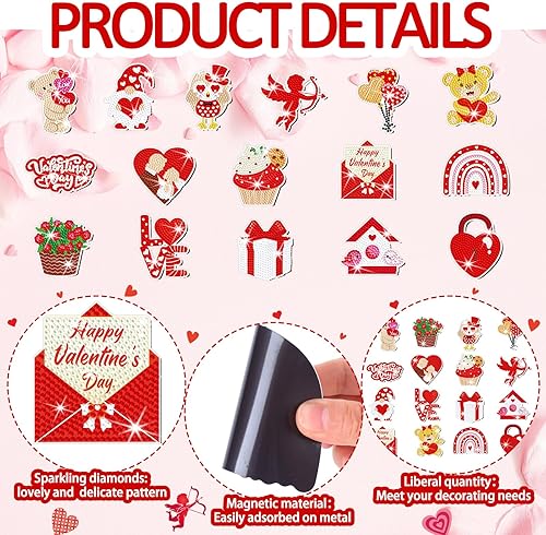 Miniatura 5 de Umigy 16 imanes de pintura de diamantes para el día de San Valentín para refrigerador, corazón, amor, gnomo, arte de diamante, bricolaje, rojo, día