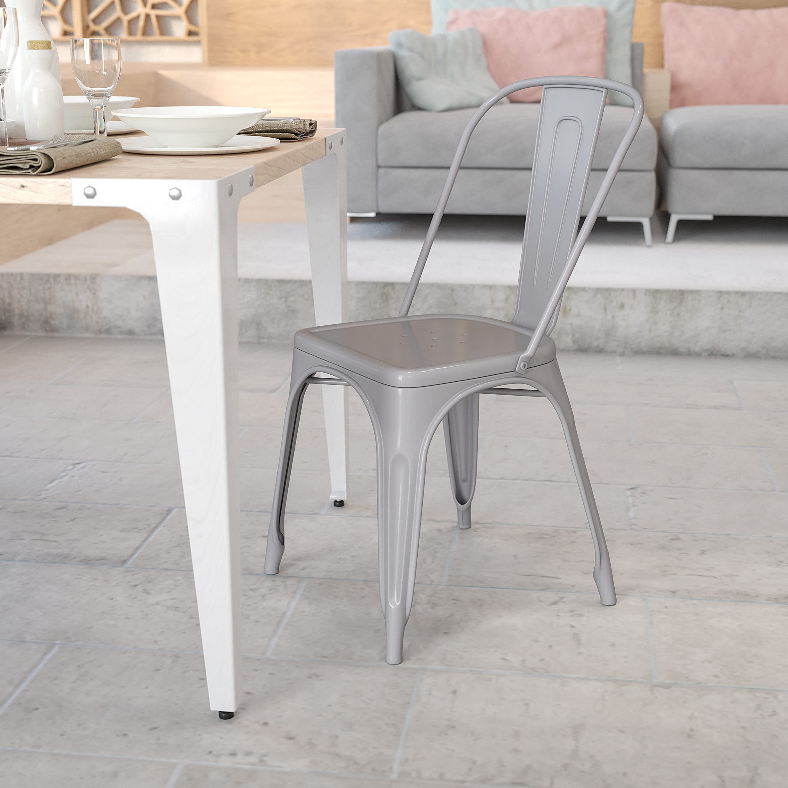 EMMA + OLIVER Commercial Grade Silver Metal Indoor-Outdoor Stackable Chair