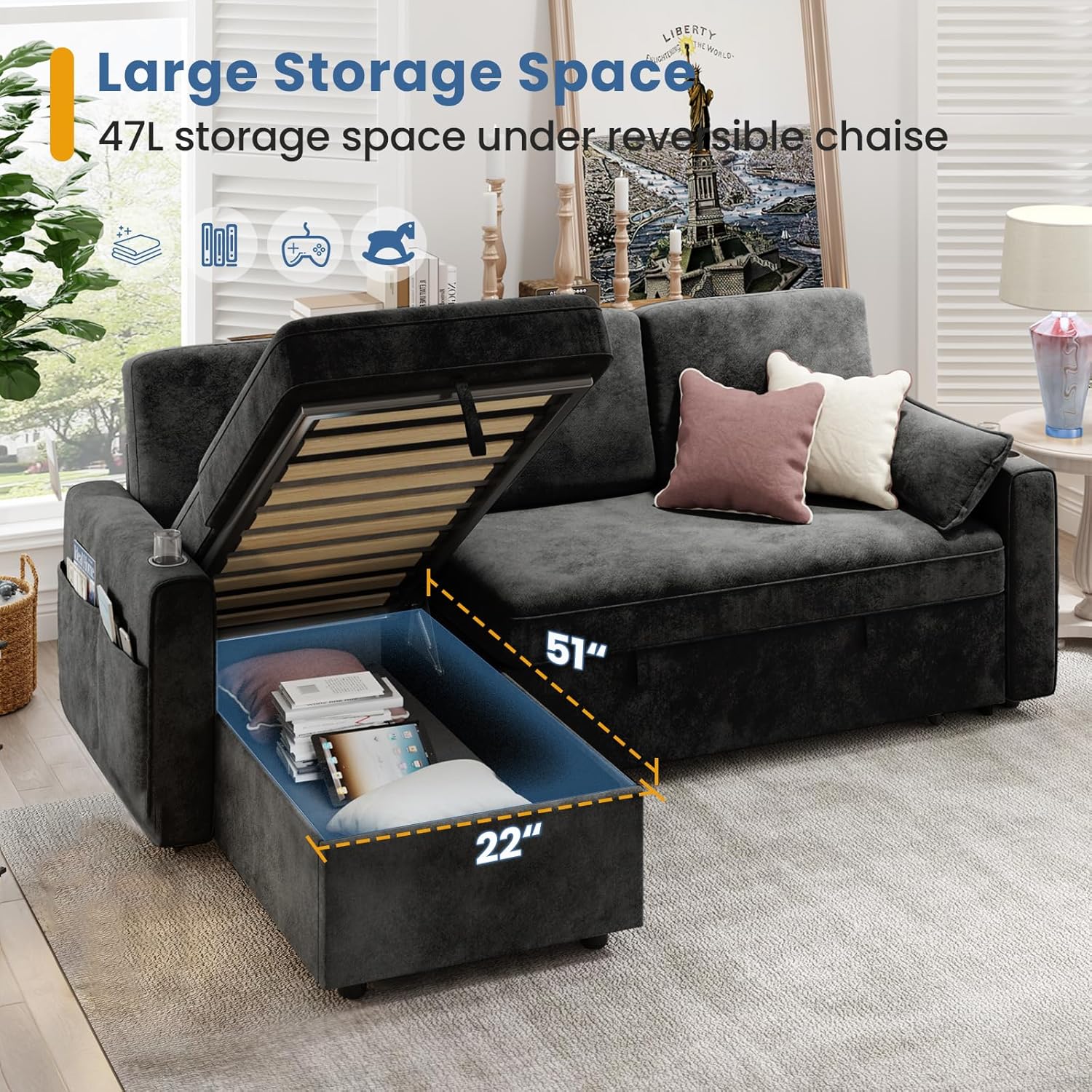 KKL Sleeper Sofa Bed with the chaise storage compartment open, showing items stored inside.