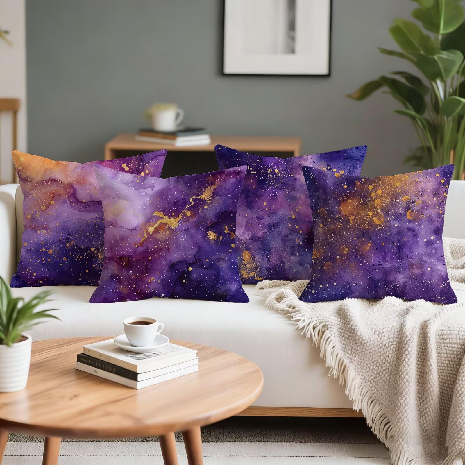 Wodoodporne poduszki na zewnątrz lniane poduszki na sofę zestaw 4 poszewek na poduszki fioletowa sofa kwadratowa poszewka na poduszkę, dekoracja ogrodu na zewnątrz, dekoracje letnie, 70 x 70 cm