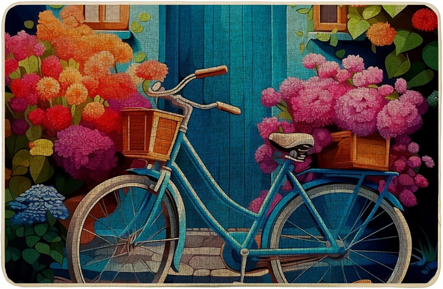 Spring Washable Door Mat Rustic Cottage Farmhouse Bicycle Beautiful Flower Blue Violet Orange Rubber Absorbent Duty Decorations Bathroom Patio Office Porch Home Waterproof Non Slip 17x29 inch
