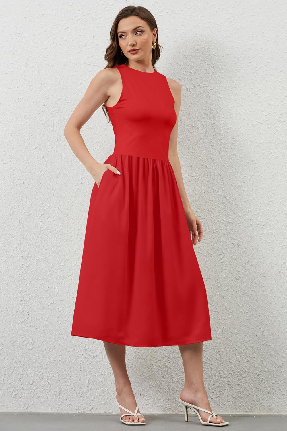 Women Summer Sleeveless Midi Dress Casual High Neck Patchwork Tank Sundress Flowy Boho A Line Dress with Pockets - Image 4