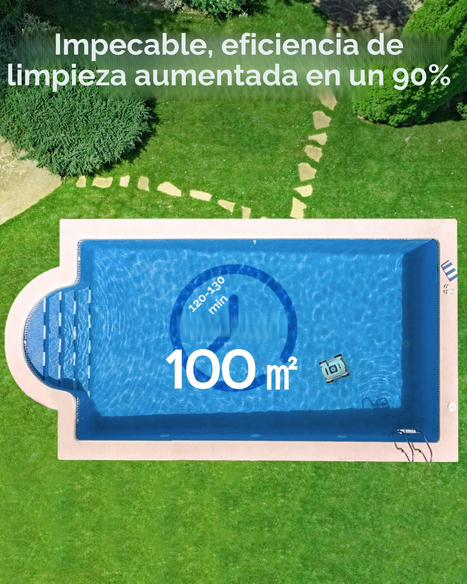 WYBOT Robot limpiafondos Piscina sin Cable, 130 Minutos hasta 100㎡ Robot Piscina sin Cable Aspirador Piscinas con 2 Motores, Cepillo Grande y Aberturas de succión, Boquilla Ajustable