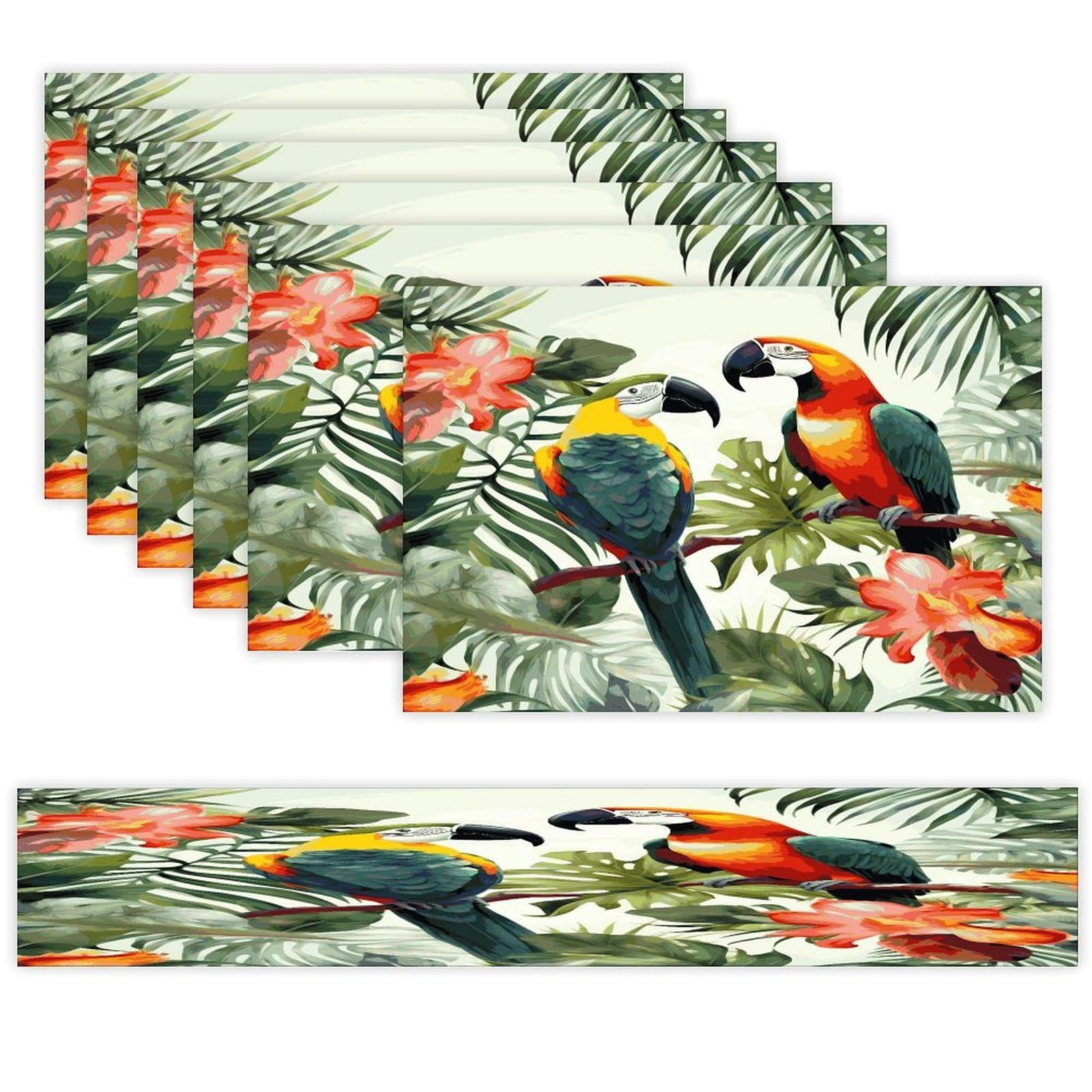 Toucans Parrot Palm Tree Leaves Table Runner and Placemats Set of 6 for Kitchen Washable Table Mats Heat Resistant Place Mats Non-Slip Place Mat Wipeable Placemat(6 Placemats+1 Table Runner)