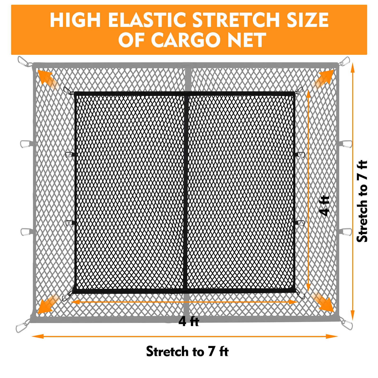 KAOLALI Rete da carico altamente elastica, 120 x 120 cm, a strato singolo, estensibile fino a 210 x 210 cm, si estende fino a 1,8 x 1,8 m, per bagagliaio, bagagliaio, bagagliaio, bagagliaio, tettuccio