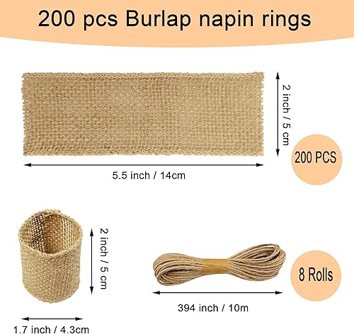 Miniatura 9 de Juego de 100 servilleteros de arpillera natural con cuerda de yute, servilletas desechables a granel, anillo rústico para mesas, decoraciones,