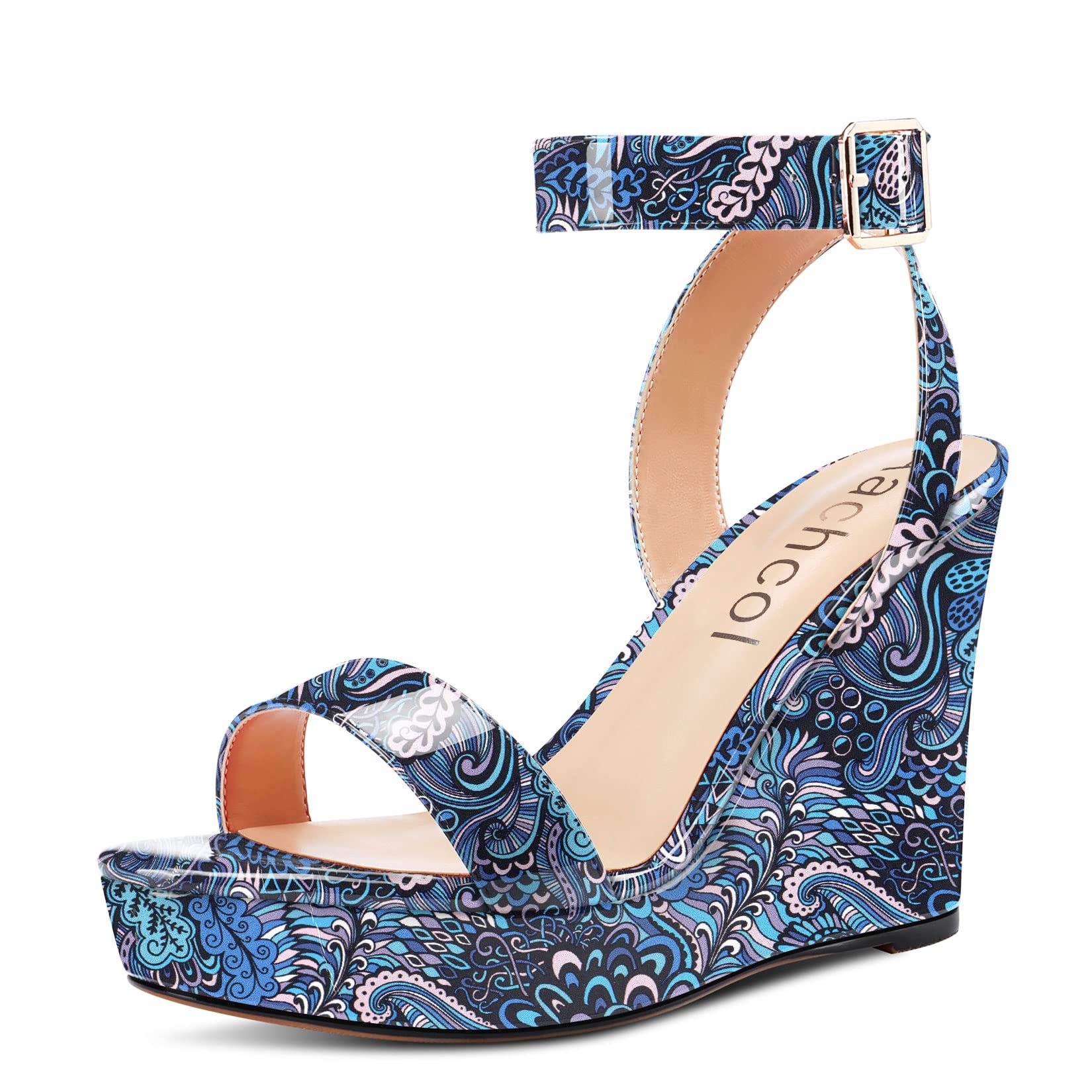 Aachcol Women Platform Wedge Sandals Round Peep Open Toe Ankle Strap Slingback Two-Piece Chunky Block High Heel Dress Shoes Pumps Party Patent 4 Inch