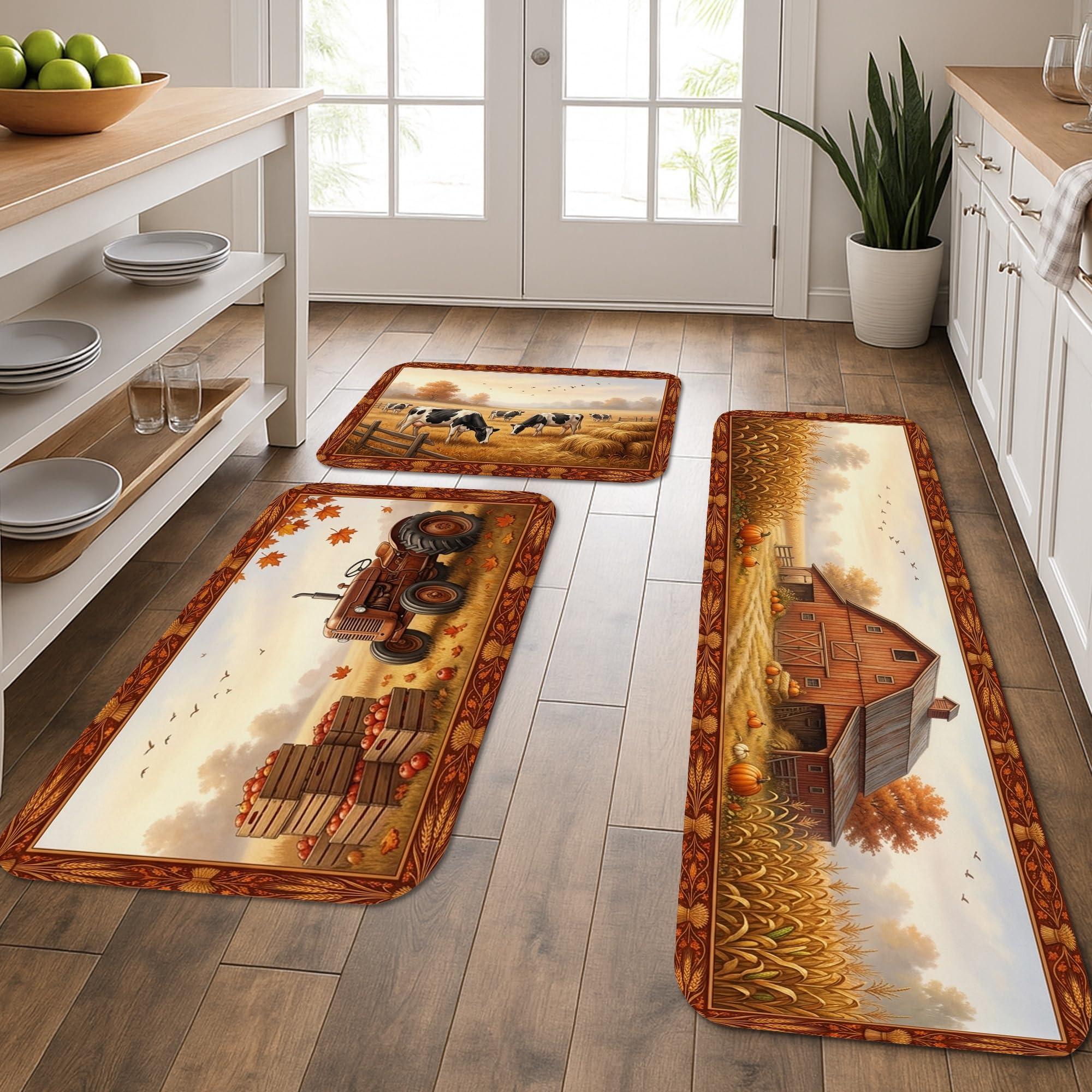 Tapis de cuisine confort pour évier et buanderie : lot de 3 tapis marron motif tracteur