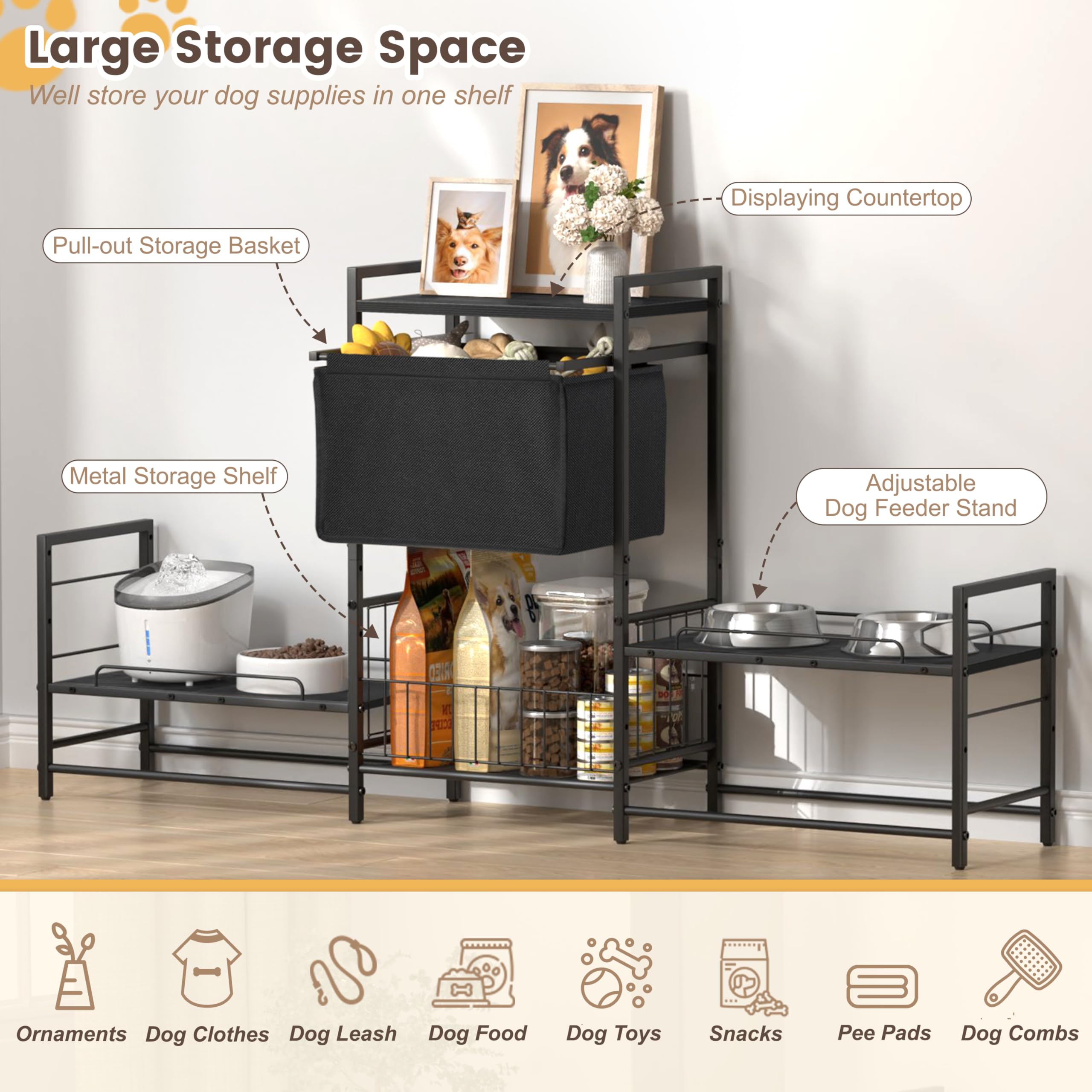 Support de gamelle surélevée pour chien avec 2 stations d'alimentation, armoire d'alimentation surélevée réglable avec panier à jouets, support de bol de nourriture et d'eau soulevé, organisateur de