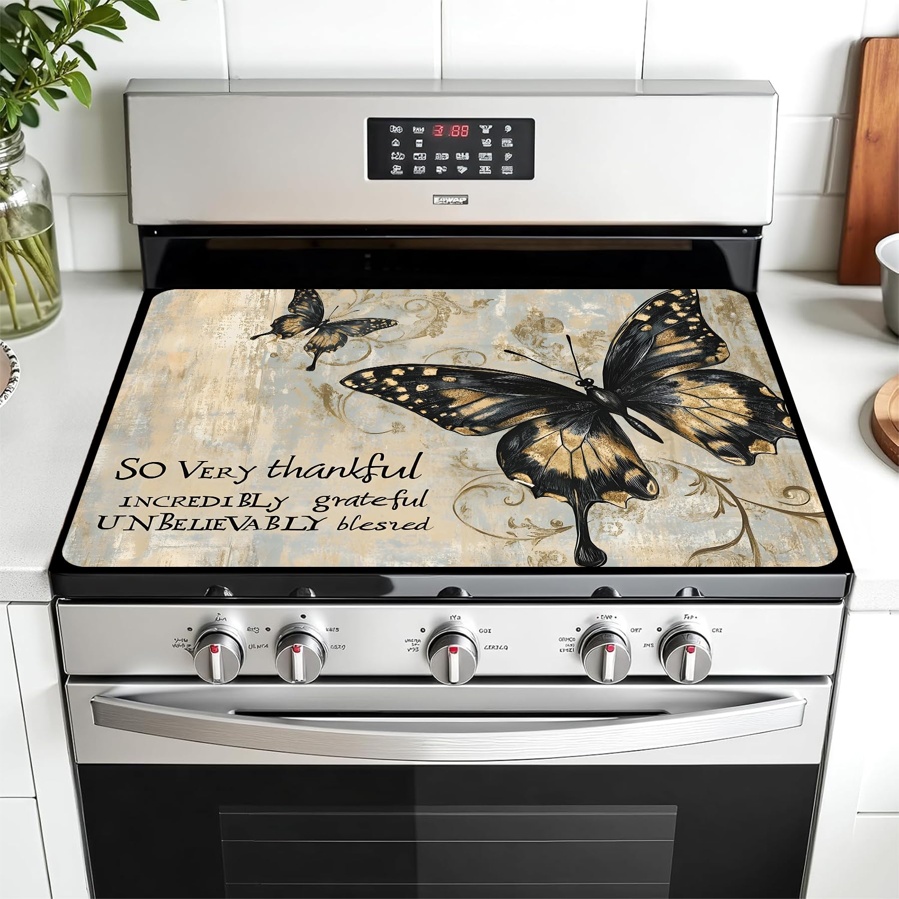 Multi-Design Stove Cover for Glass/Electric Stoves - 3-in-1 Heat-Resistant Protector Mat, Non-Slip Drying Rack 30"L x 21"W (Butterfly 1)