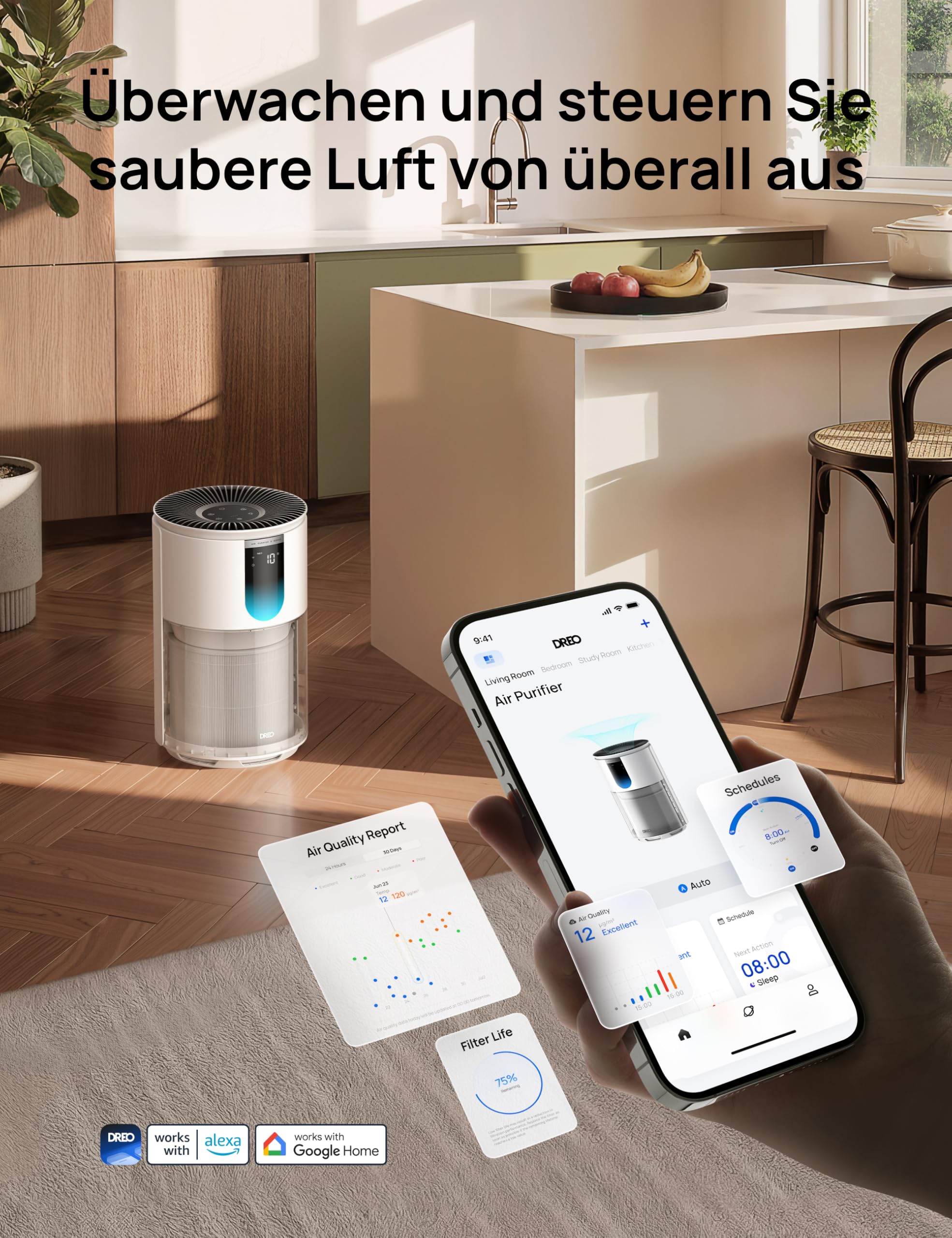 DREO Luftreiniger für Schlafzimmer bis 109 m², gegen Gerüche, Pollen & Rauch, AHAM-verifiziert, 3-in-1 HEPA-Filter, PM2,5-Sensor, Luftqualitätsmonitor, 18 dB, WLAN, Alexa