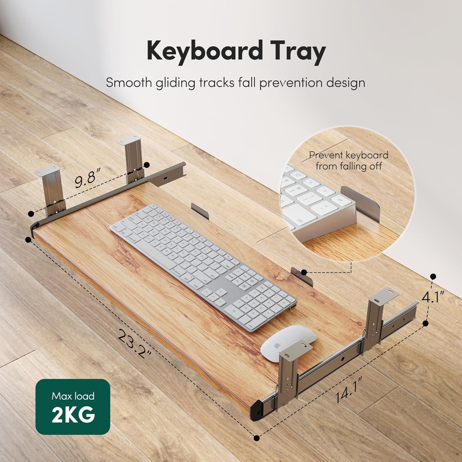 Close-up of the FEZIBO standing desk's keyboard tray, showing its dimensions (23.2 inches wide, 9.8 inches deep) and a keyboard and mouse placed on it. The image highlights the smooth gliding tracks and fall prevention design.