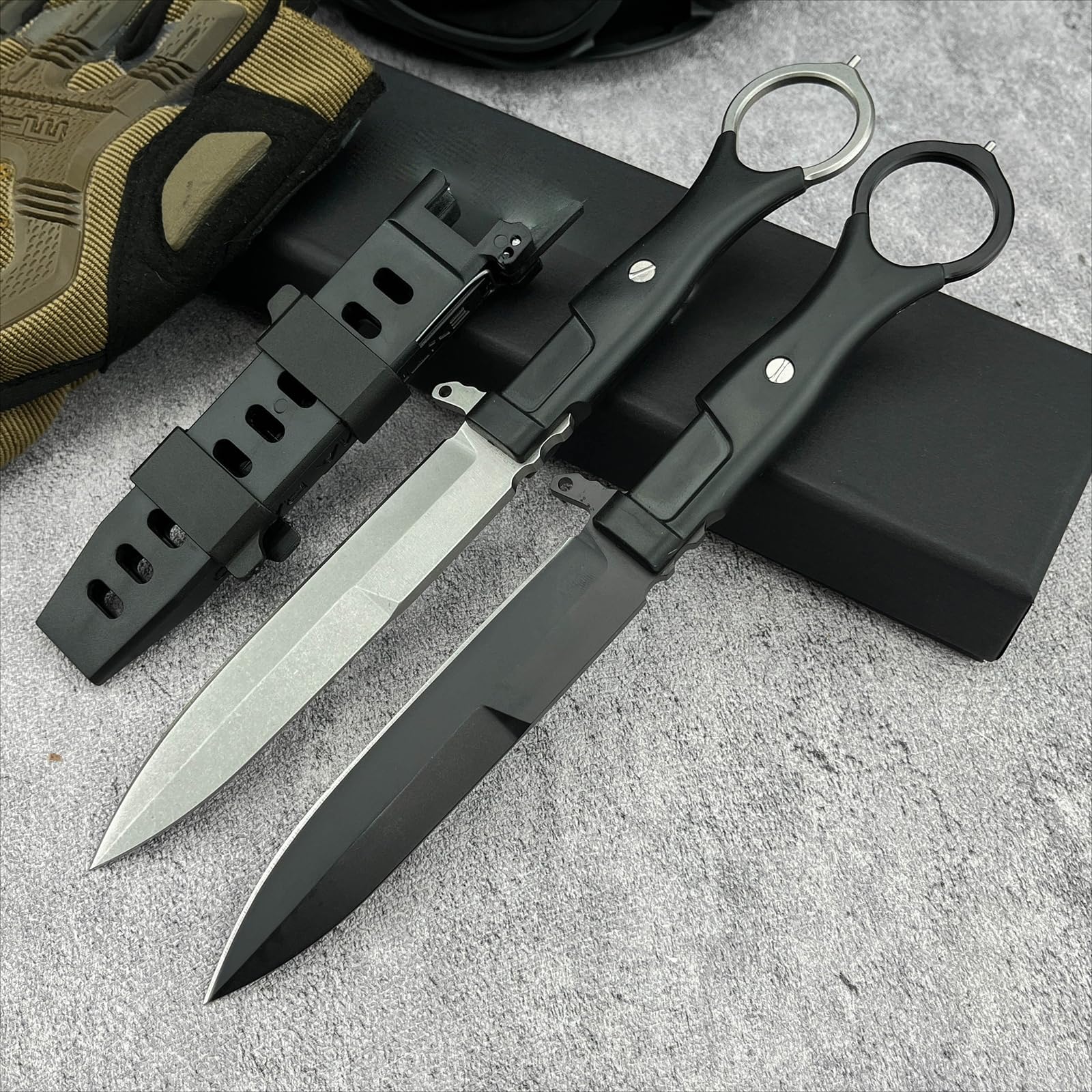 Outdoor Messer Survival mit Scheide, Nylonfaser Griff und 8Cr13Mov Stahl Klinge, Feststehendes Messer mit Full-Tang Design,Geschenk für Männer(Schwarzes Griffstück, schwarze Klinge)