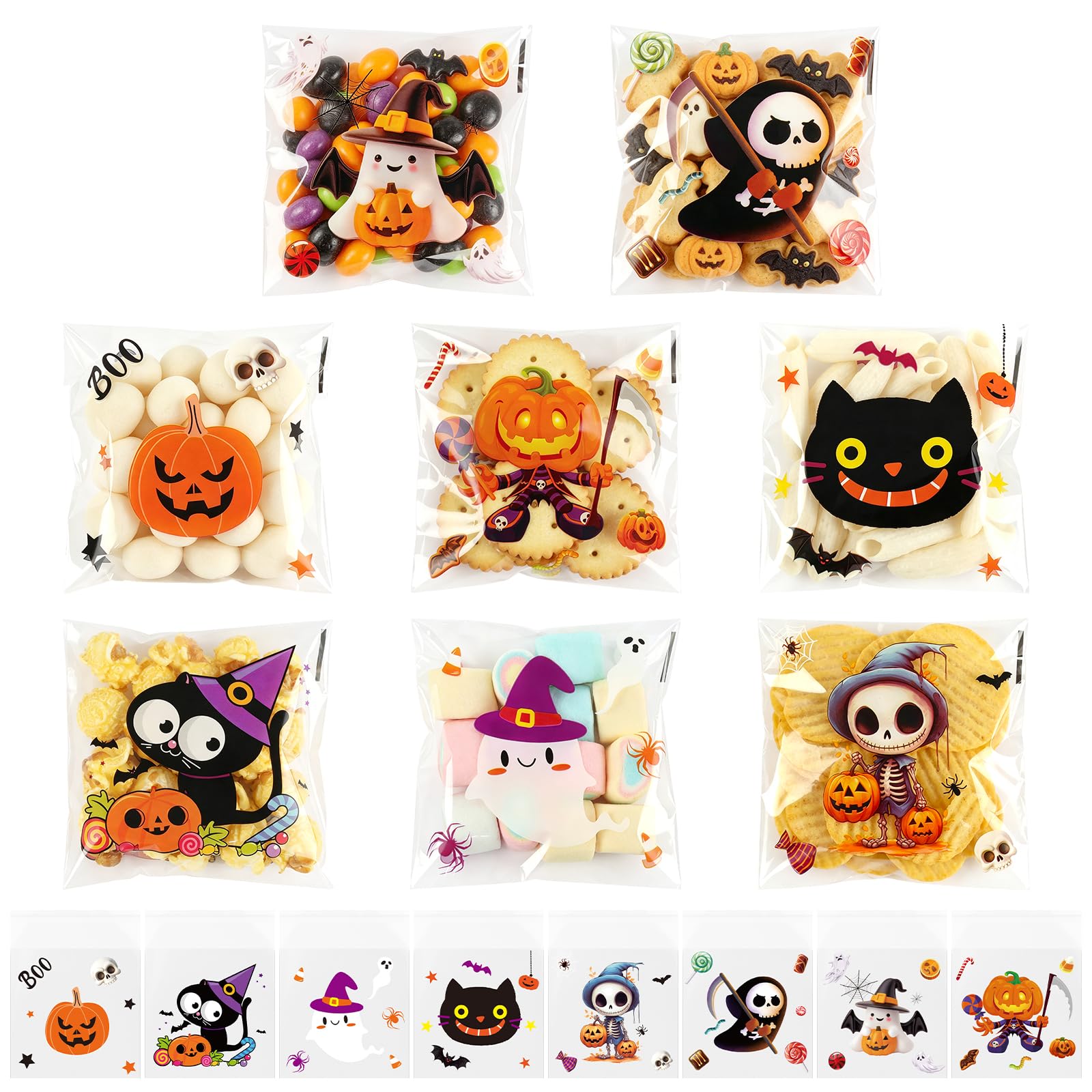 YoungTree 200 Pcs Halloween Sweet Bags – Pumpkin & Cat Assorted 8 Designs