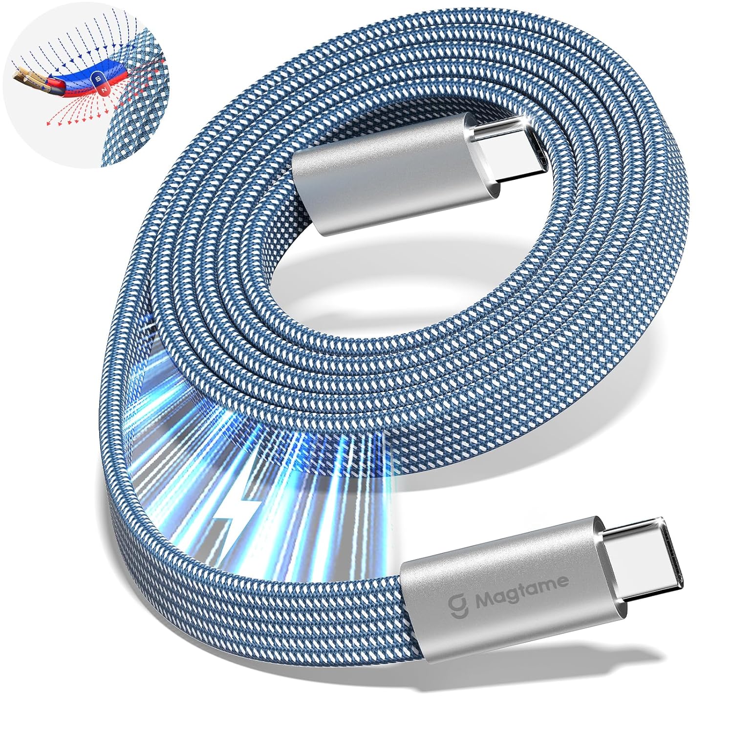 Magnetic 240W USB C to USB C Cable, Coiled USB Type C Cable Fast Charging for iPhone 15/15 Plus/15 Pro/15 Pro Max, MacOS, i-Pad Pro, Samsung Galaxy S24/S23/S22 Ultra, Switch 5FT Blue