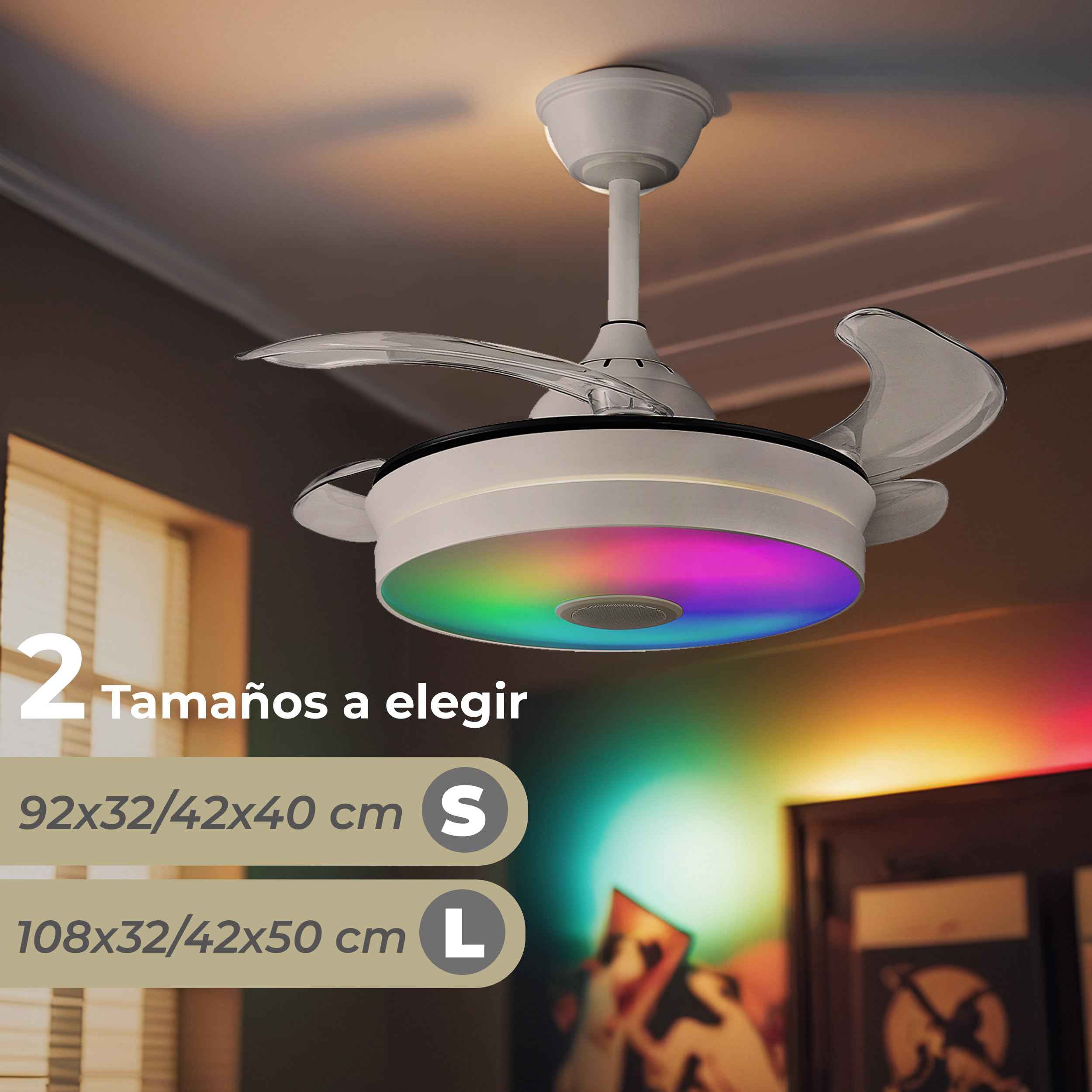LUMIKING Ventilador de Techo con Luz LED - Aspas Retráctiles, Música y RGB - Silencioso con Lámpara y Moderno con Mando a Distancia, Bluetooth y APP para Salón y Dormitorio (92 cm)