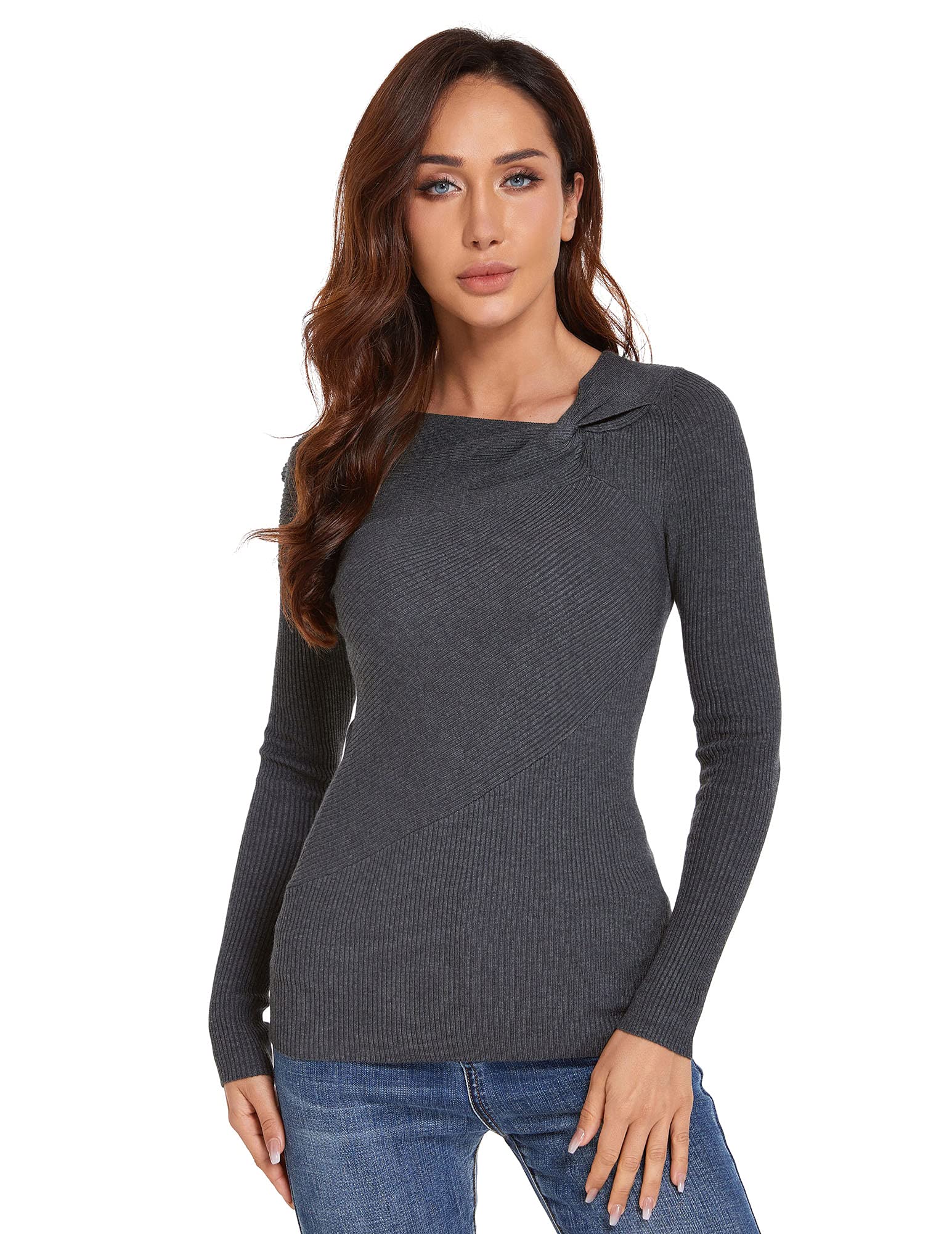 AmélieBoutik Women Asymmetric Twist Knot Neckline Ribbed Sweater, Dark Gray, XS