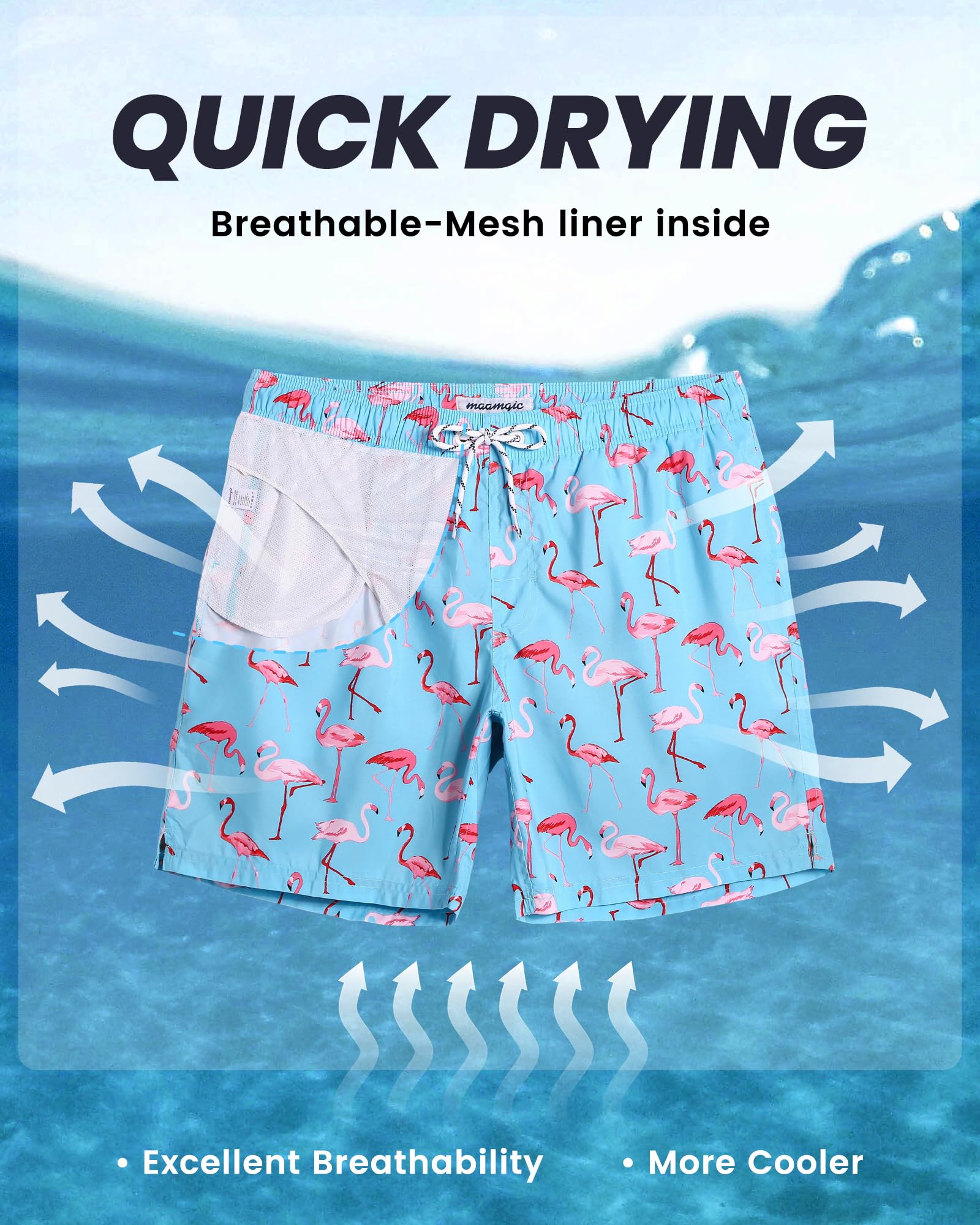 MaaMgic Pantaloncini da Bagno da Uomo Asciugatura Veloce Costume da Bagno per Surf sulla Spiaggia Multi-funzioni Allenamento casa con Fodera in Mesh, Fenicottero Azzurro, L