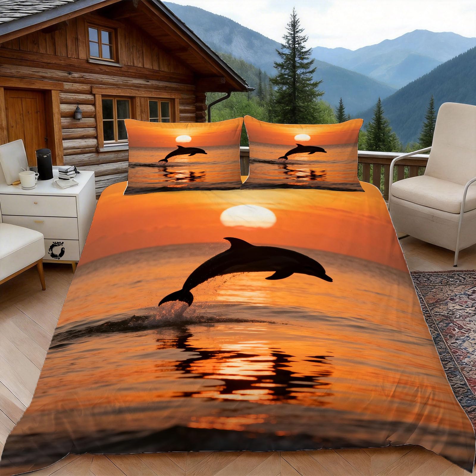 3D Double Duvet Set 3D Printed Sunset Dolphin Bedding, Sea View Soft Microfibre Duvet Cover Sets Quilt Cover and Pillow Set with Zipper 3 Pcs