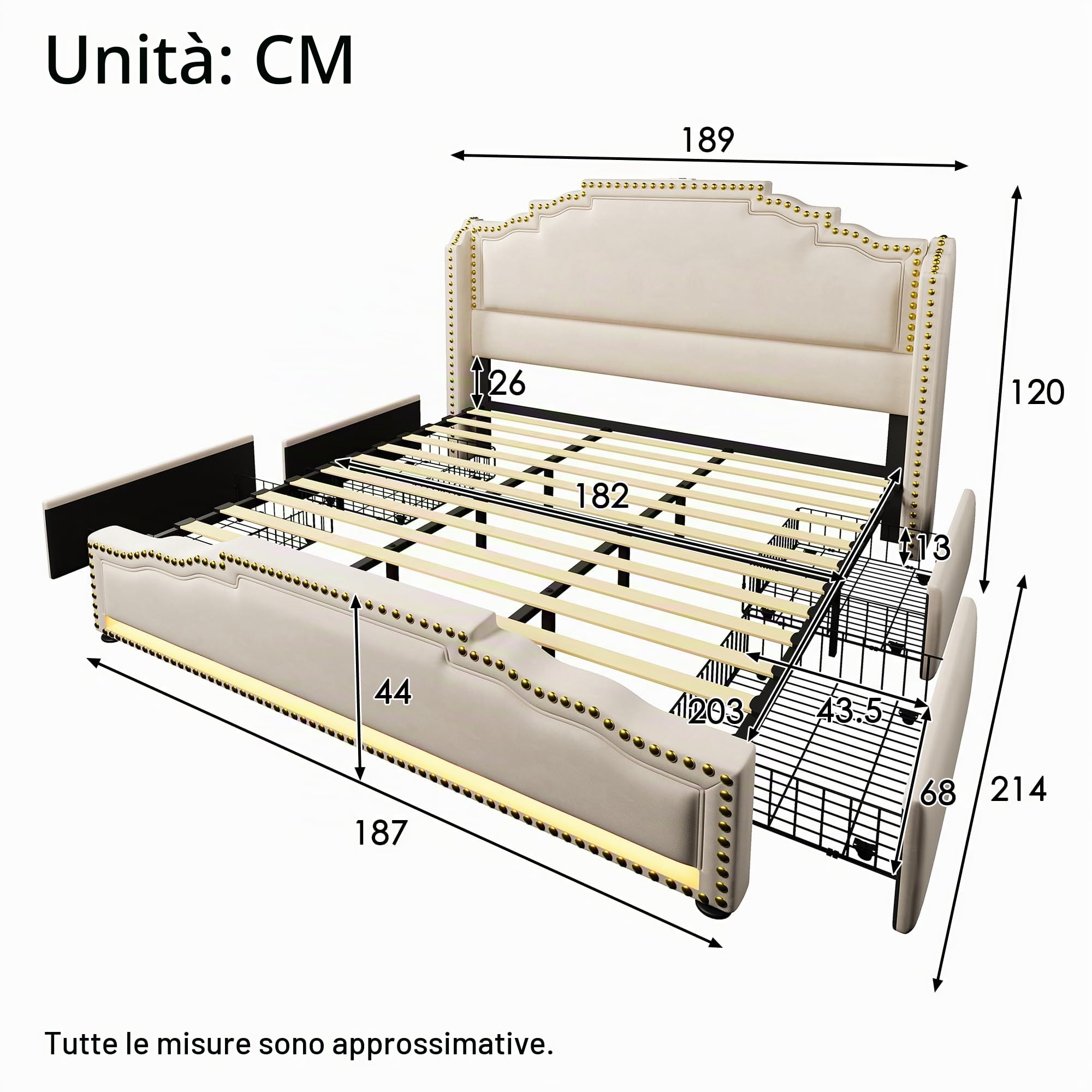 Letto Matrimoniale 180x200 con LED e USB, Letto una piazza e mezza con 4 cassetti, Letto Imbottito con rete a doghe e testiera, Struttura Letto Matrimoniale in Velluto Beige (Senza Materasso)