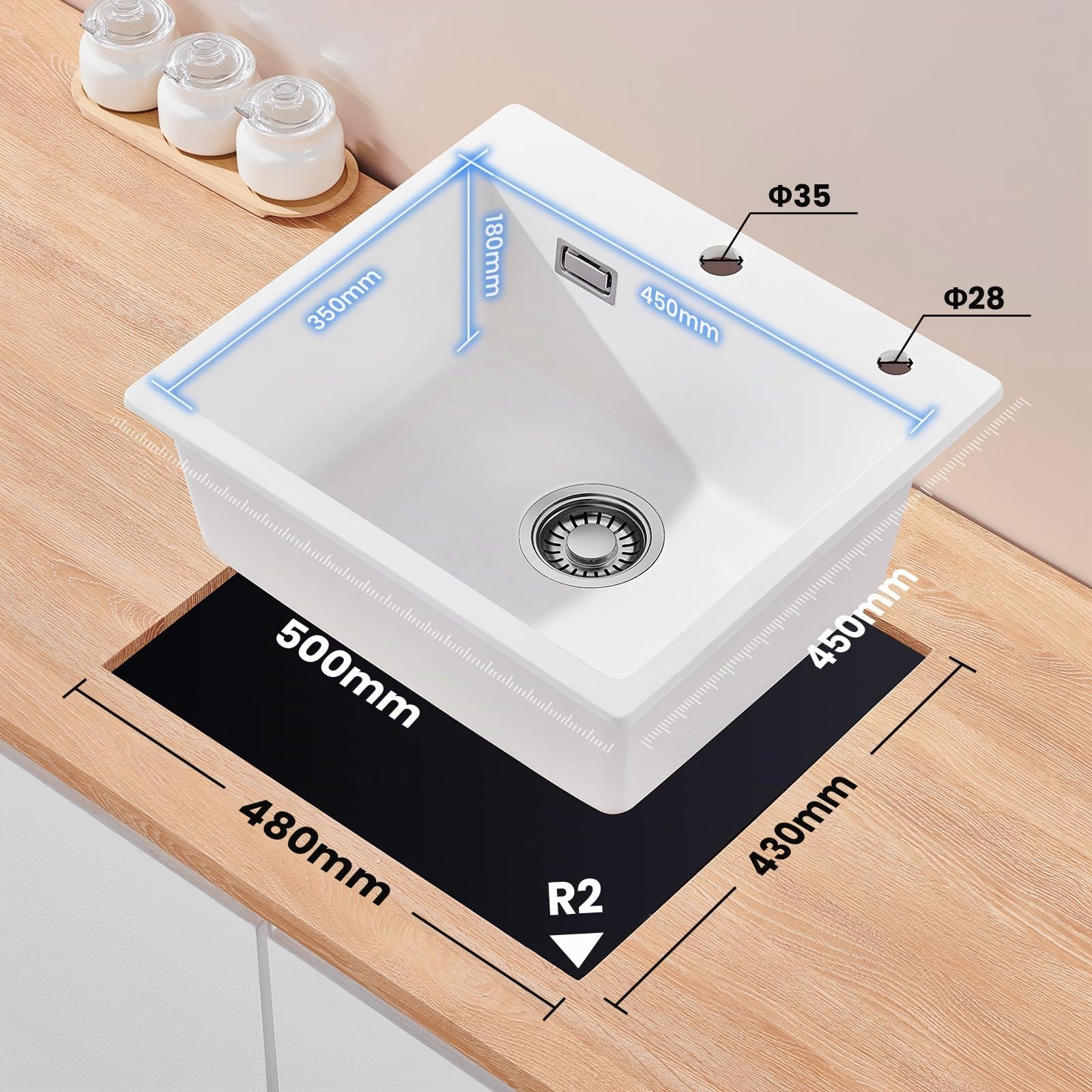 CECIPA Fregadero de cocina de 50 x 45 cm, 80% arena de cuarzo de granito, 1 lavabo empotrable, incluye sifón y sobre