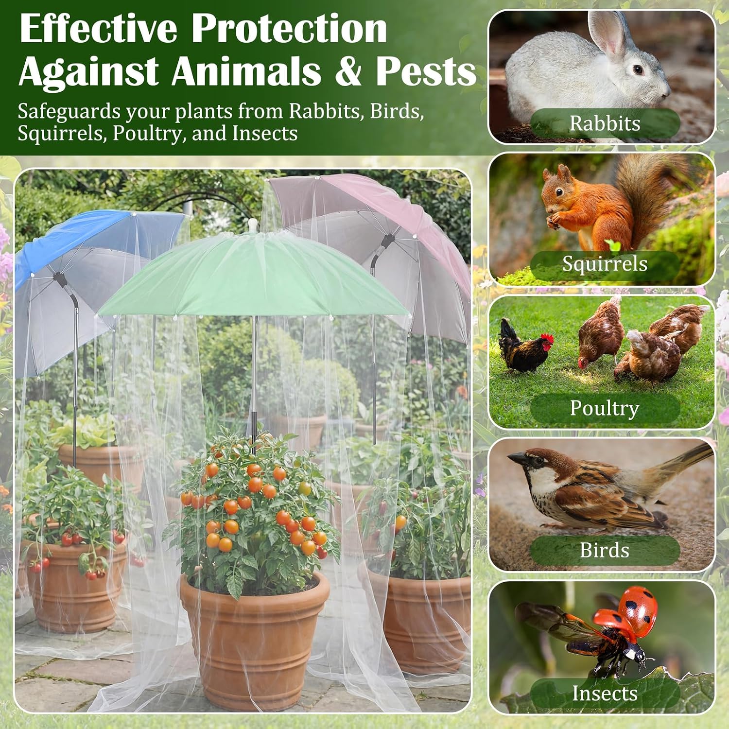 3 Pack Plant Umbrellas for Outdoor Plants with Net Cover 23.6 Inch Garden Large Umbrella Shade 2-in-1 Adjustable Sun Protective Bug Insects and Birds Netting Plant Cover for Potted Plants