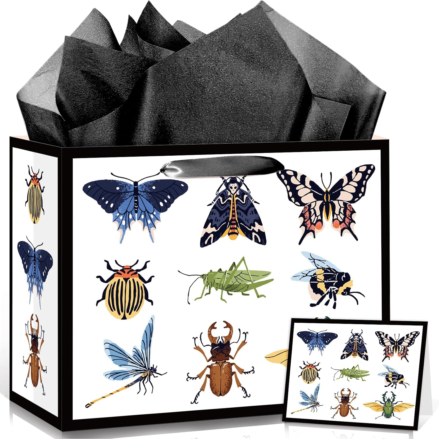 Wauprant Funny Bug Gift Bag for Boys Girls Bug Birthday Gift Bag with Wrapping Paper and Card Insect Butterfly Dragonfly Beetle Mantis Bag for Insect Lovers Baby Shower Bday Party Decor Supplies