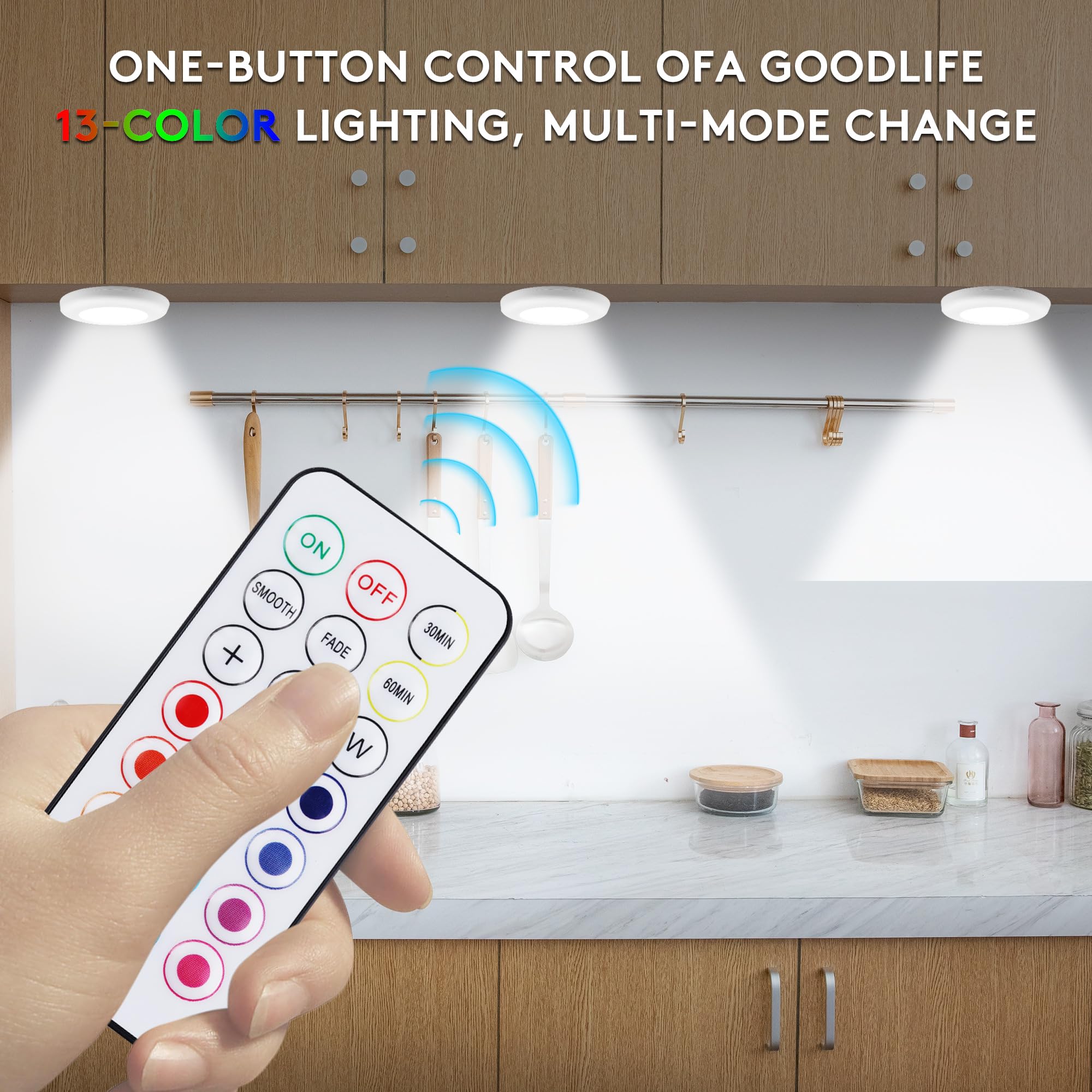 SIXDEFLY LED Puck Lights 6 Pack with Wireless Remote: 13 Color RGB Dimmable Under Cabinet Battery Powered Lights, Ideal for Kitchen, Closet, Counter - Party Atmosphere