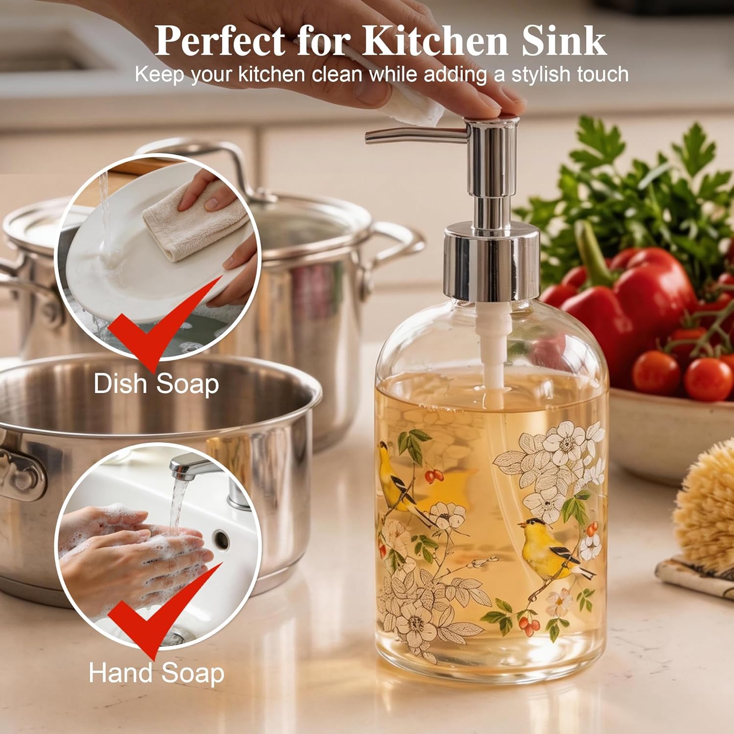 17oz Glass Soap and Lotion Dispenser Bottle with Rust Proof Plastic Pump Refillable Liquid Pump Bottle Great for Kitchen, Bath, Bathroom Accessories, Countertop, Set of 2