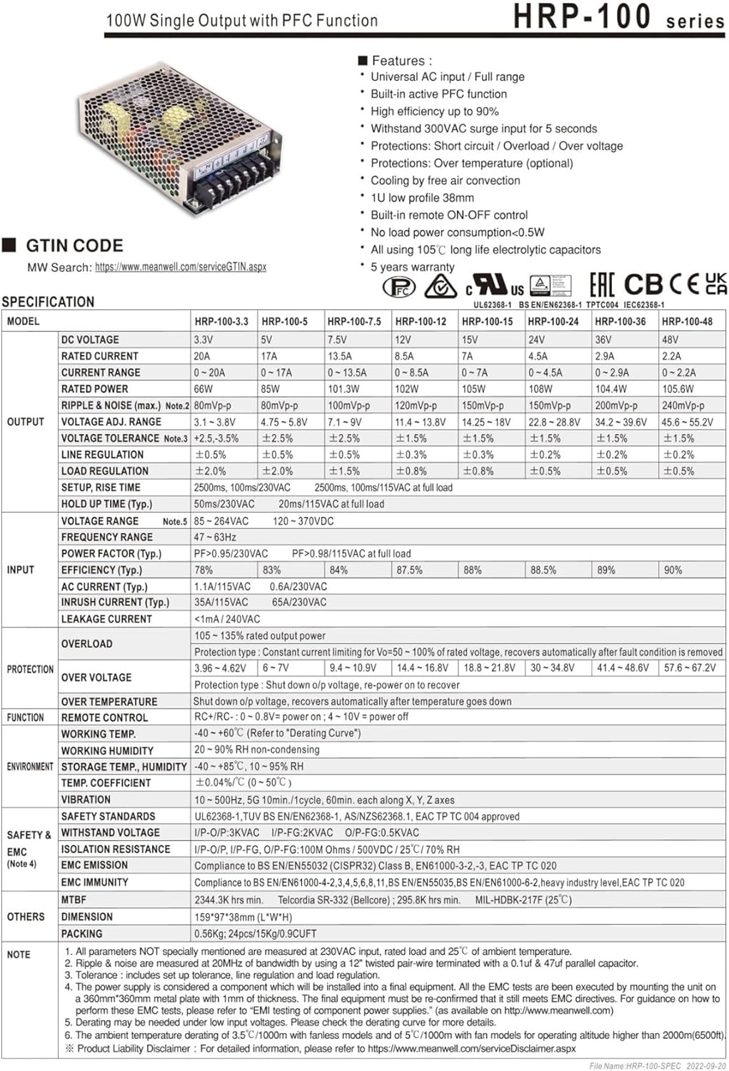 HRP-100 3.3/5/7.5/12/15/24/36/48/ Switching Power Supply HRP-100-12 HRP-100-24(Hrp-100-5v)