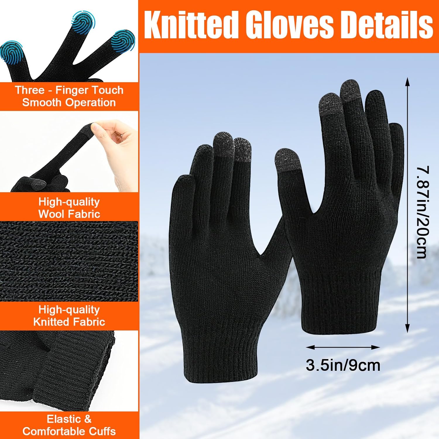 3 Pcs Hat Gloves Scarf Set Black Winter Hats Knit Beanie Touchscreen Glove Long Scaves Themal Skull Caps for Men Women - Image 2