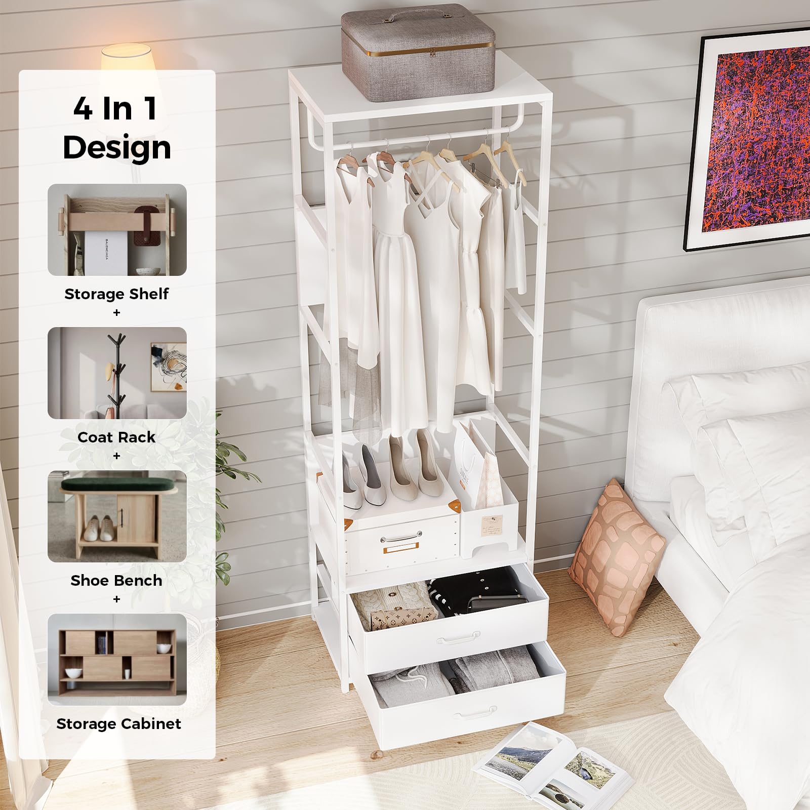 VOWNER Appendiabiti da Terra, Mobile Ingresso con Panca, Attaccapanni con Barra e 2 Cassetti, 4 in 1, Stand Appendiabiti in Acciaio Inox, per Corridoio e Camera da Letto, 60 x 40 x 180 cm