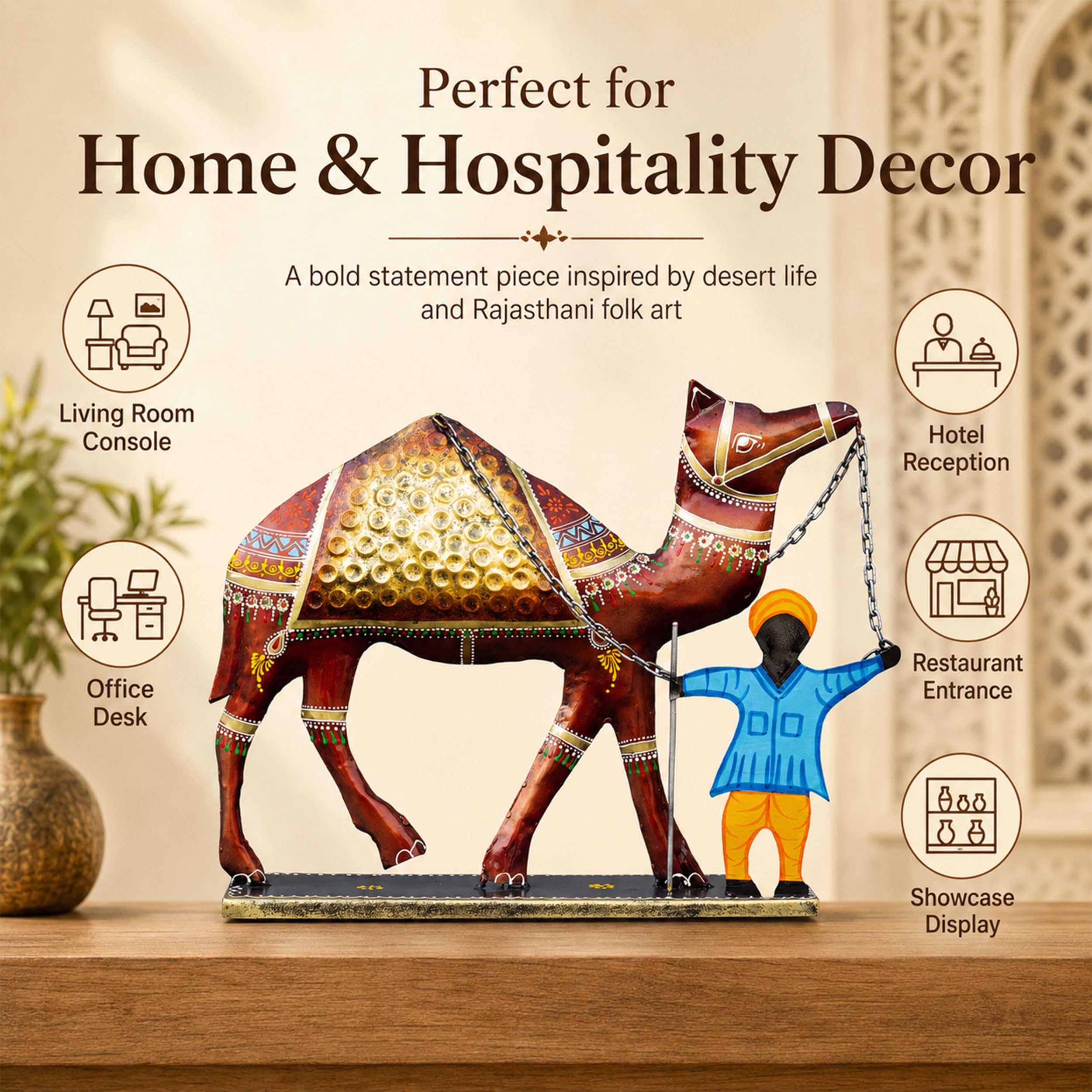 Rajasthani Camel Showpiece with Handler for Home Decor | Large 20 Inch Iron Metal Desert Art Statue for Living Room Office Hotel Restaurant Reception Desk Ethnic Gift — photo — 2 of 8