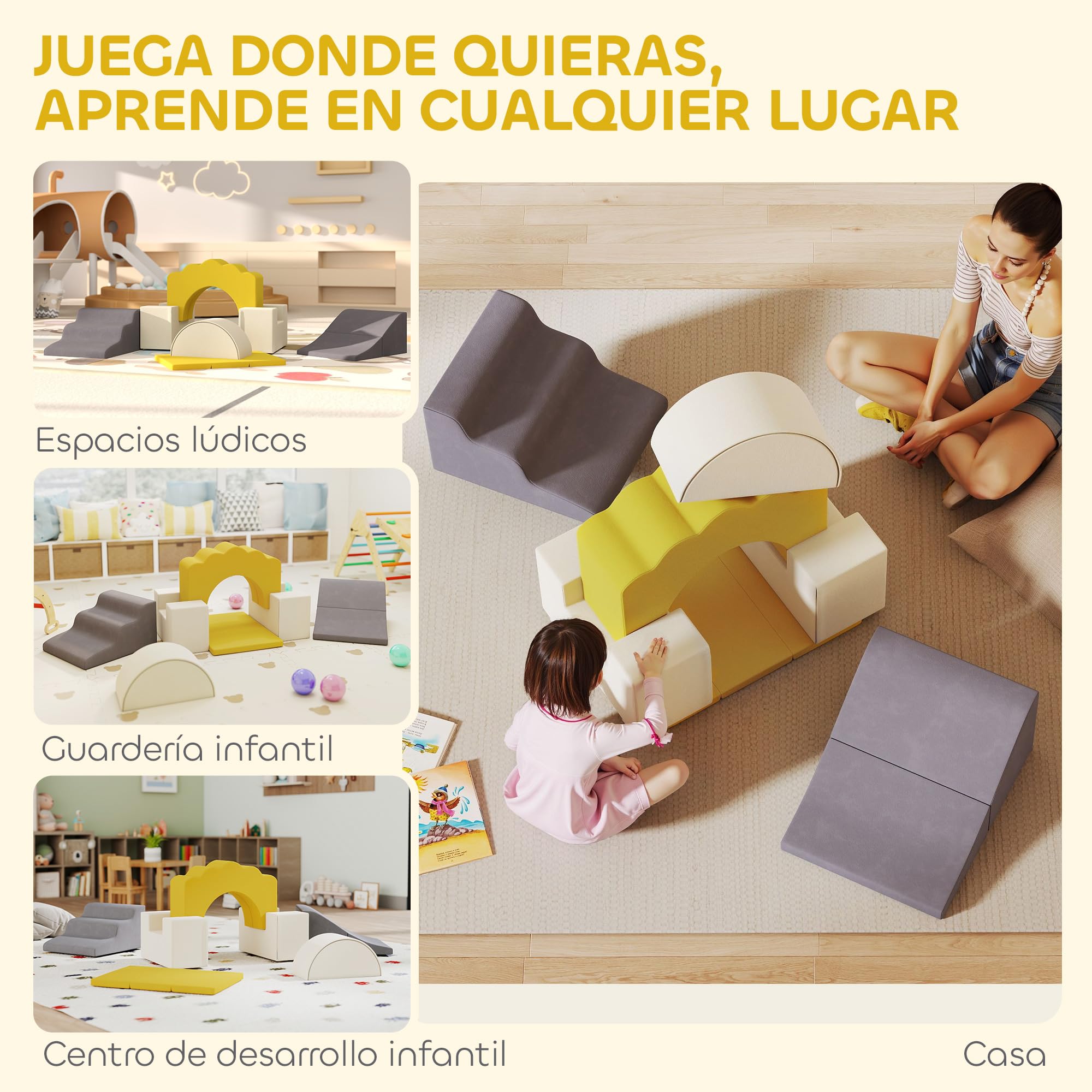 AIYAPLAY Juego de 7 Bloques de Espuma para Niños, Bloques de Psicomotricidad, Figuras de Construcción, Juguete para Aprendizaje para Escalar y Gatear, Amarillo