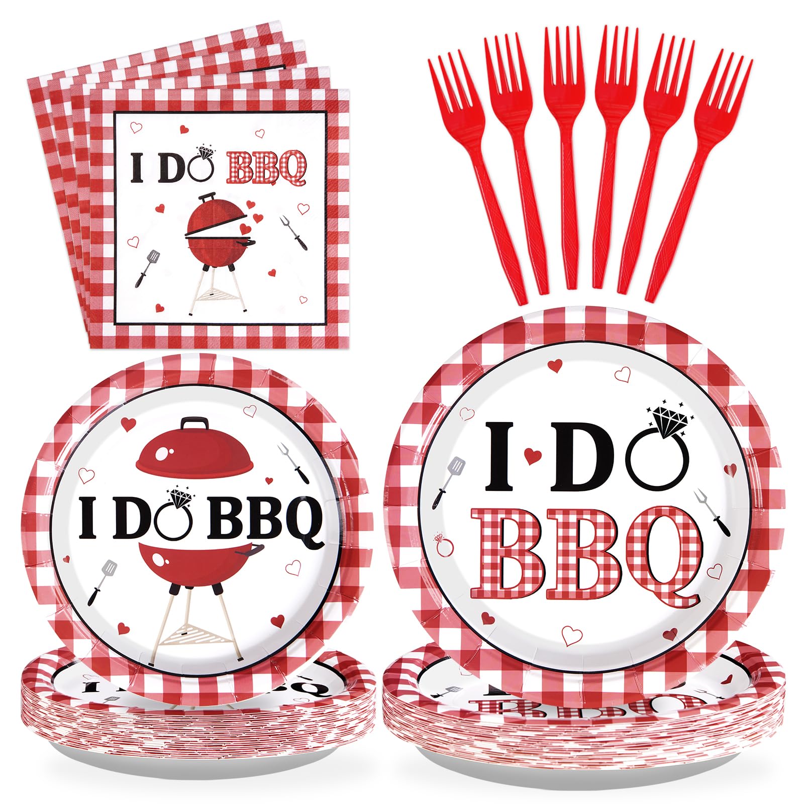 Grencian 96Pcs BBQ Bachelorette Party Decorations Red and White Gingham Checkered Plates and Napkins Sets I Do BBQ Decorations for Summer Bridal