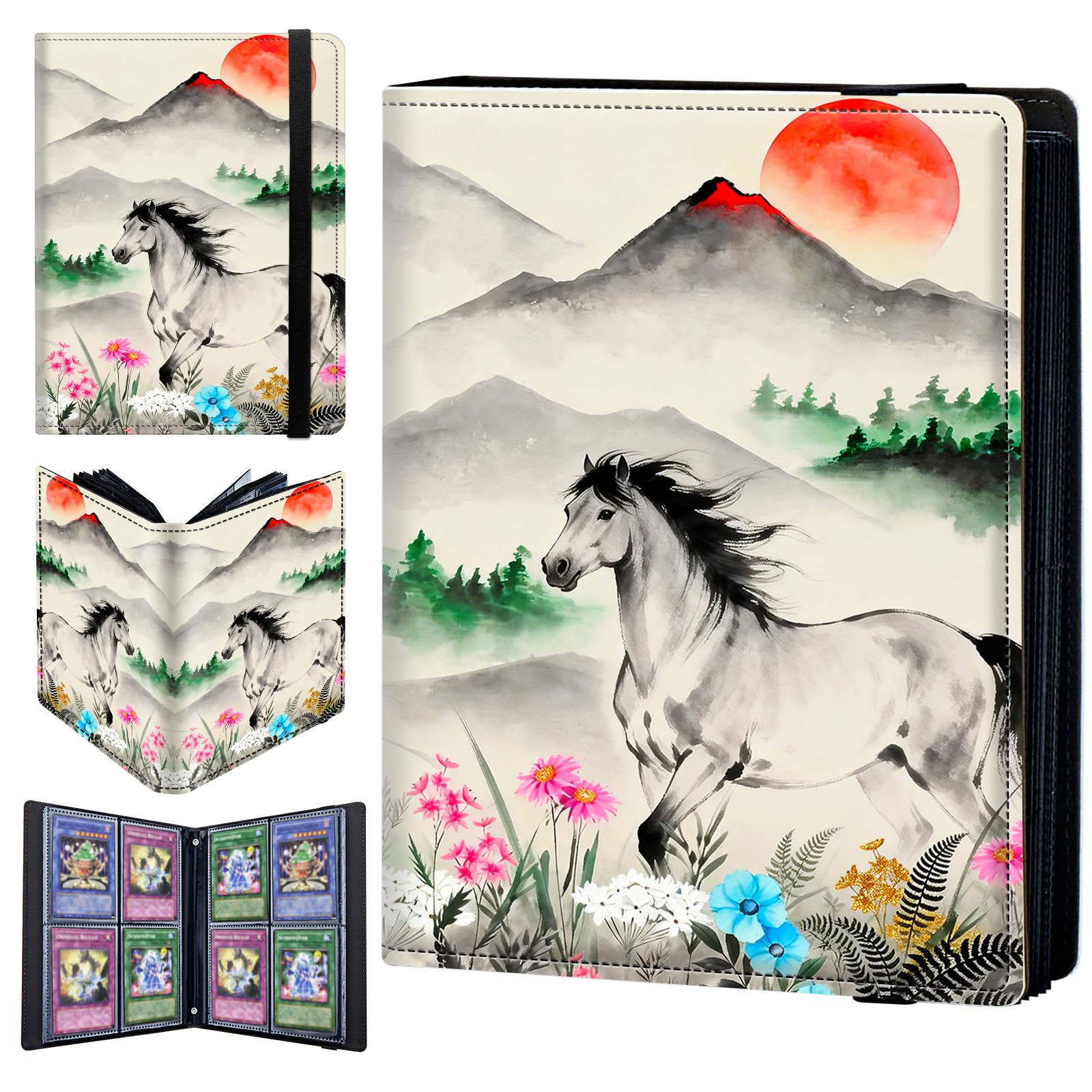 4 Pocket Trading Card Binder 320 Side Loading Pocket Album with Mountain Flowers Horse Pattern Design Card Binder for Sports Cards & Game Cards