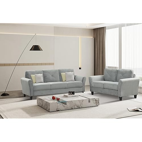 Harper & Bright Designs 2-Pieces Living Room Sofa Set with 3-Seat Couch, 2-Seat Loveseat, Modern Polyester Upholstered Sofa for Living Room, Office, Antique Grey