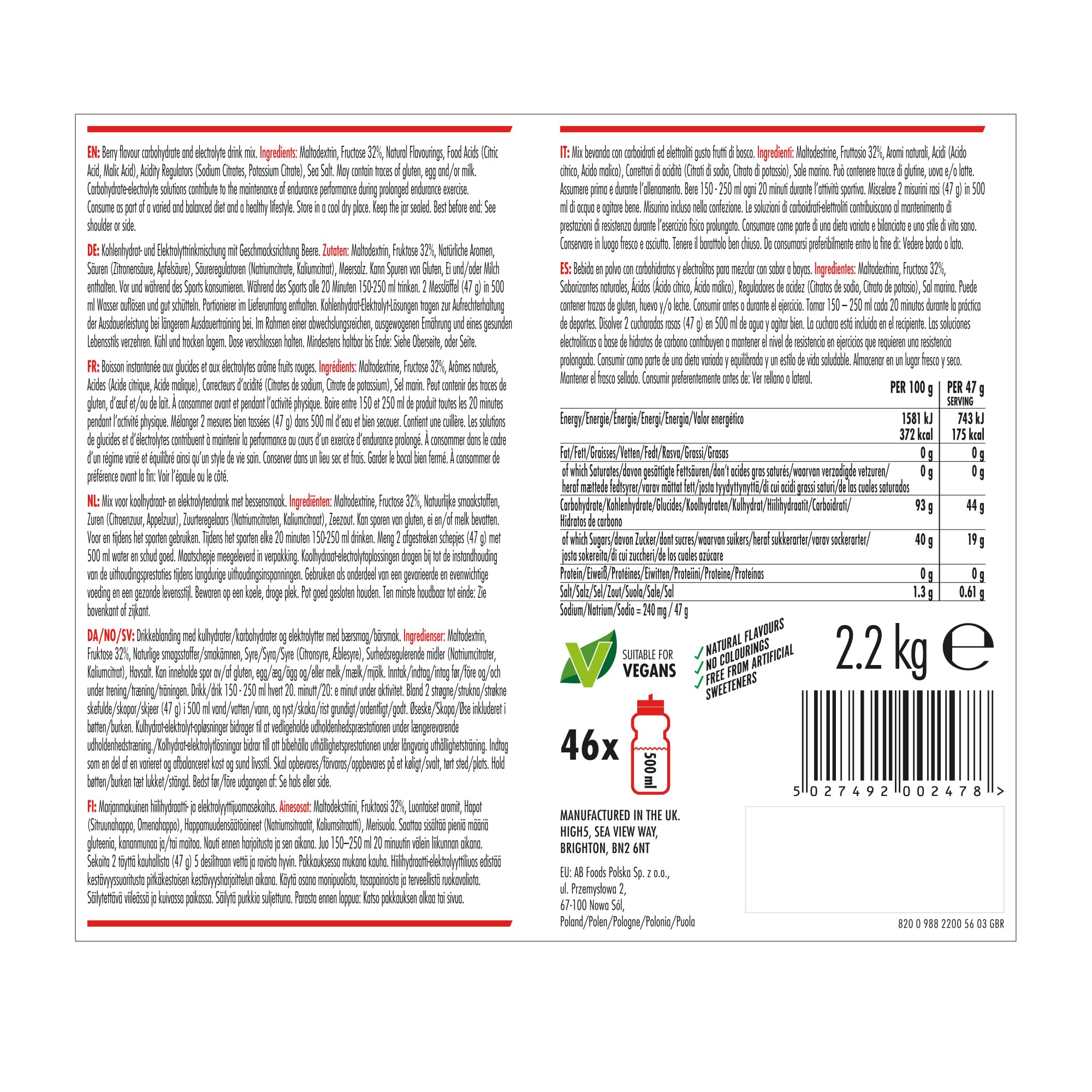 HIGH5 Sport Energy Drink - Isotonisches Getränkepulver mit Electrolytes - Kohlenhydrate Pulver & Elektrolyt Pulver für Endurance und Hydration - Natürliche Aromen, Vegan (Beere, 2,2kg, 46 Portionen)