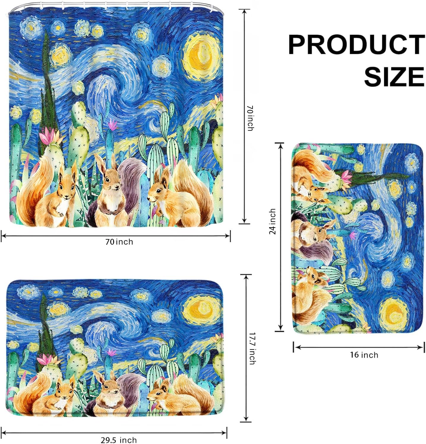 3Pcs Starry Night Shower Curtain with Bath Mat Funny Animal Squirrel Blue Starry Sky Oil Paiting Rustic Farmhouse Cactus Flower Spring Wildflowers Nature Scenery Creative Bathroom Rugs 12 Hooks