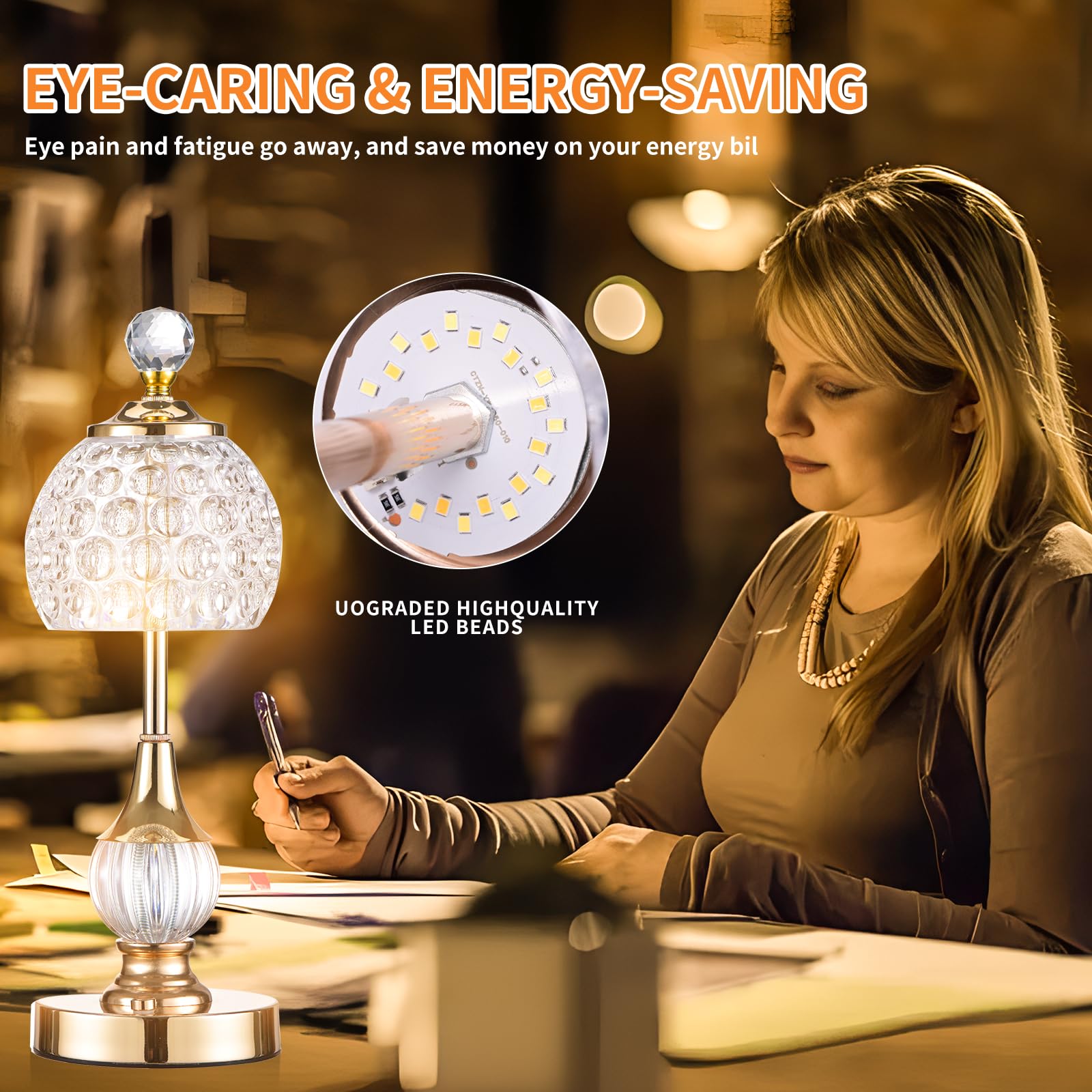 Vintage-Kristall-Tischlampe Kabellos – LED Mit 3 Farben & Dimmbar, USB-ladbar, Perfekt Für Wohnzimmer, Schlafzimmer Oder Als Deko-Geschenk